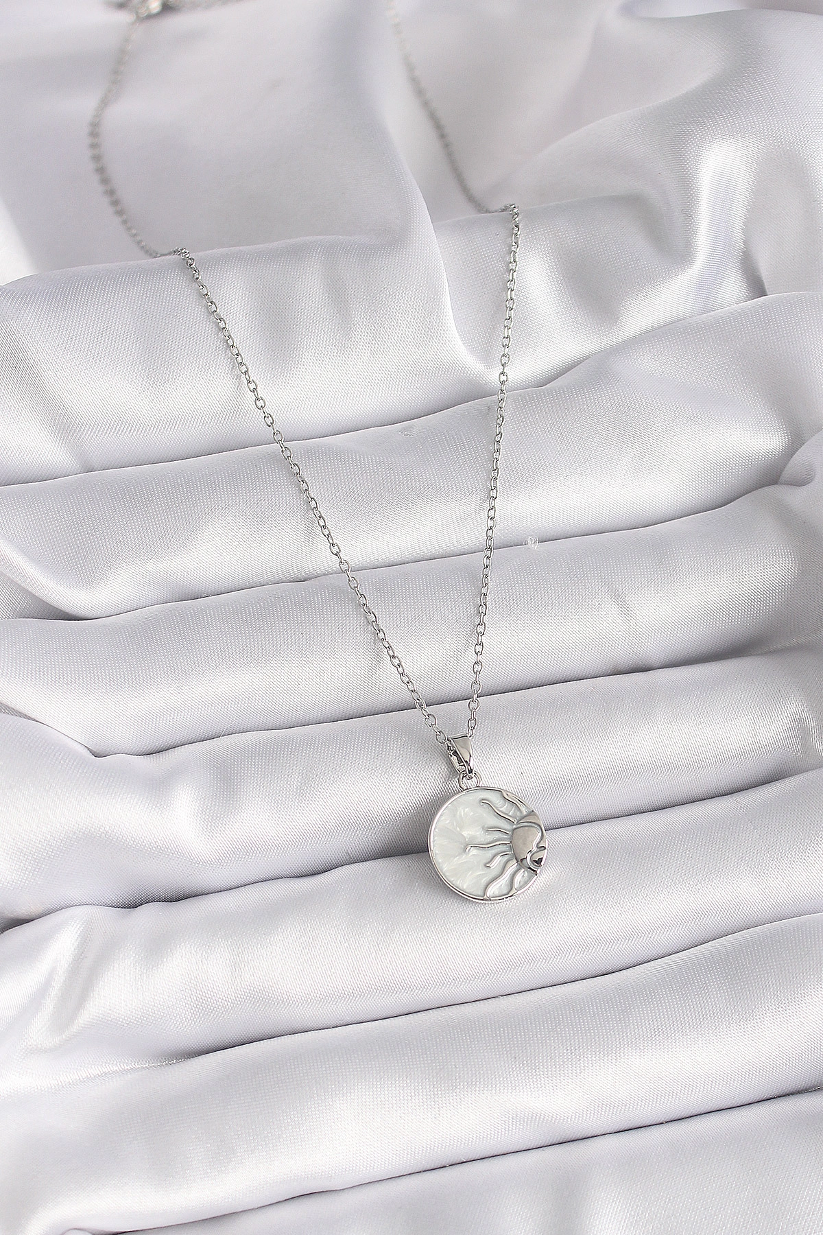 316L Çelik Gümüş Renk Zincir Beyaz Sedefli Gün Batımı Model Kadın Kolye-1