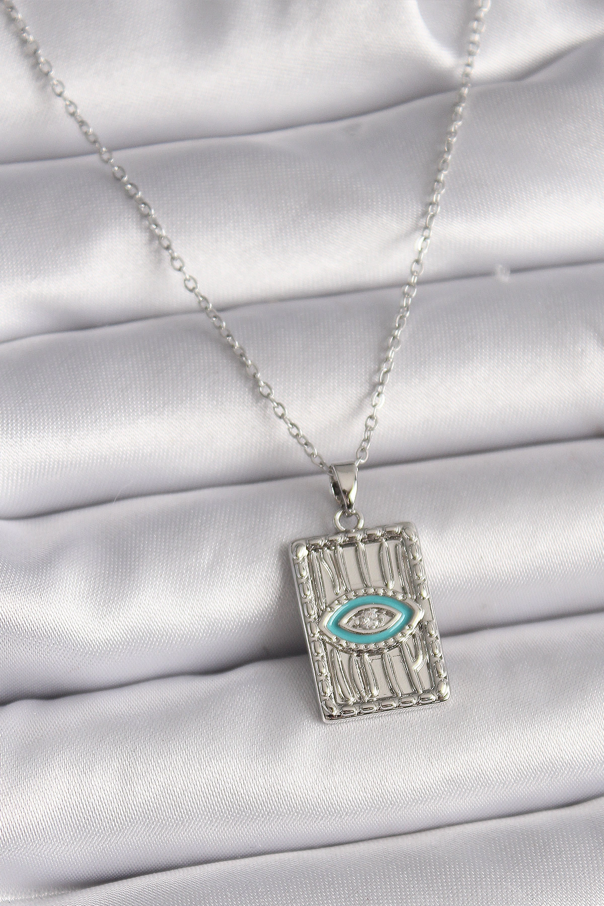 316L Çelik Gümüş Renk Zincir Göz İşlemeli Madalyon Model Kadın Kolye-0