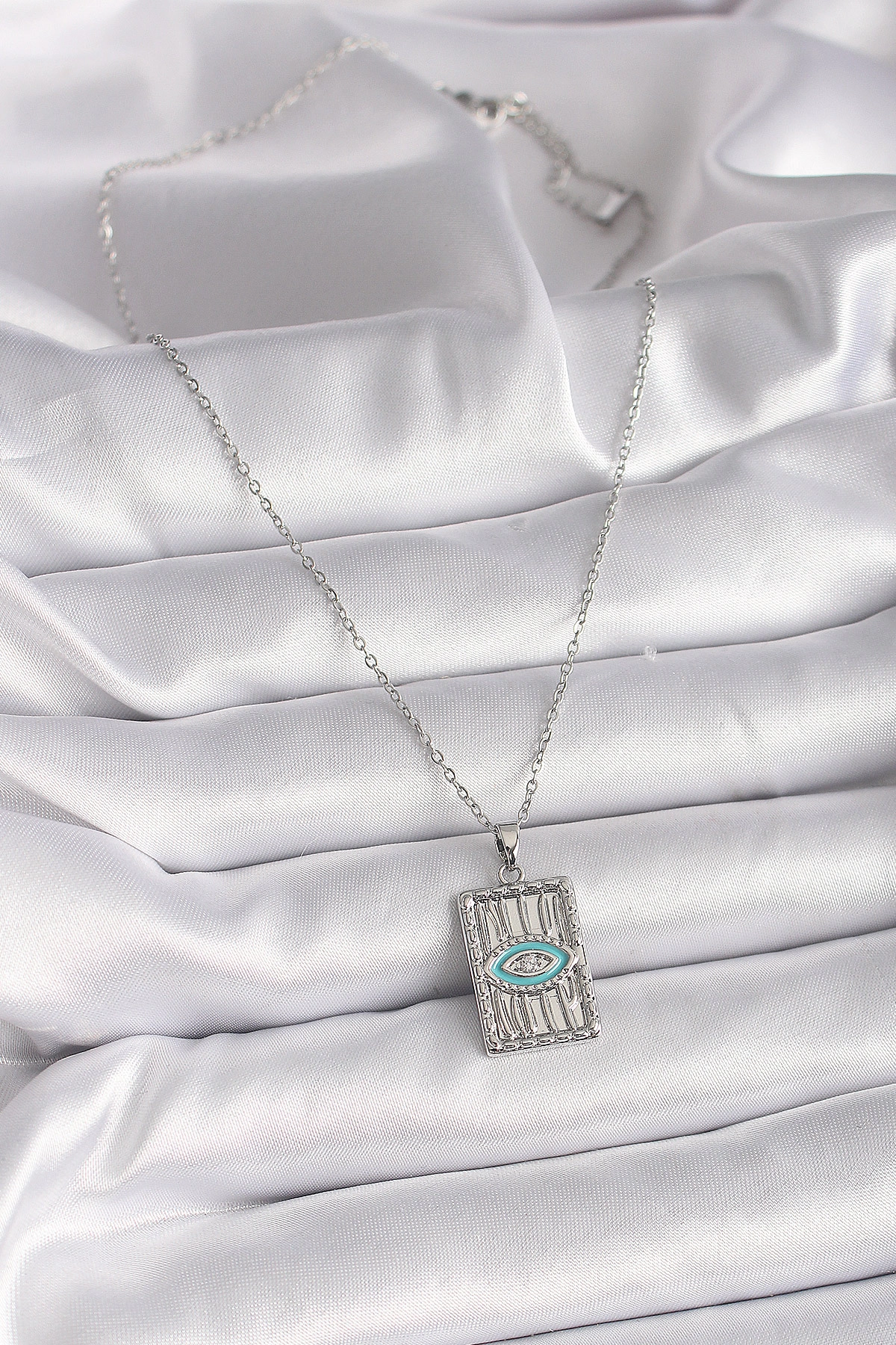 316L Çelik Gümüş Renk Zincir Göz İşlemeli Madalyon Model Kadın Kolye-1