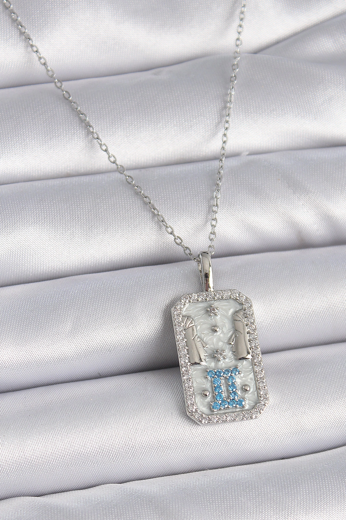 316L Çelik Gümüş Renk Zincir İkizler Burcu Zirkon Taşlı Kadın Kolye-0