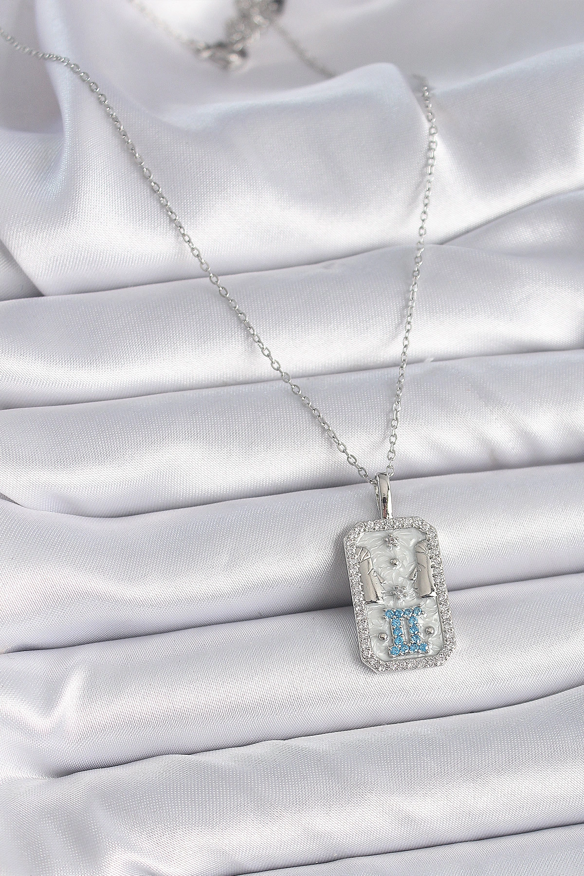 316L Çelik Gümüş Renk Zincir İkizler Burcu Zirkon Taşlı Kadın Kolye-1