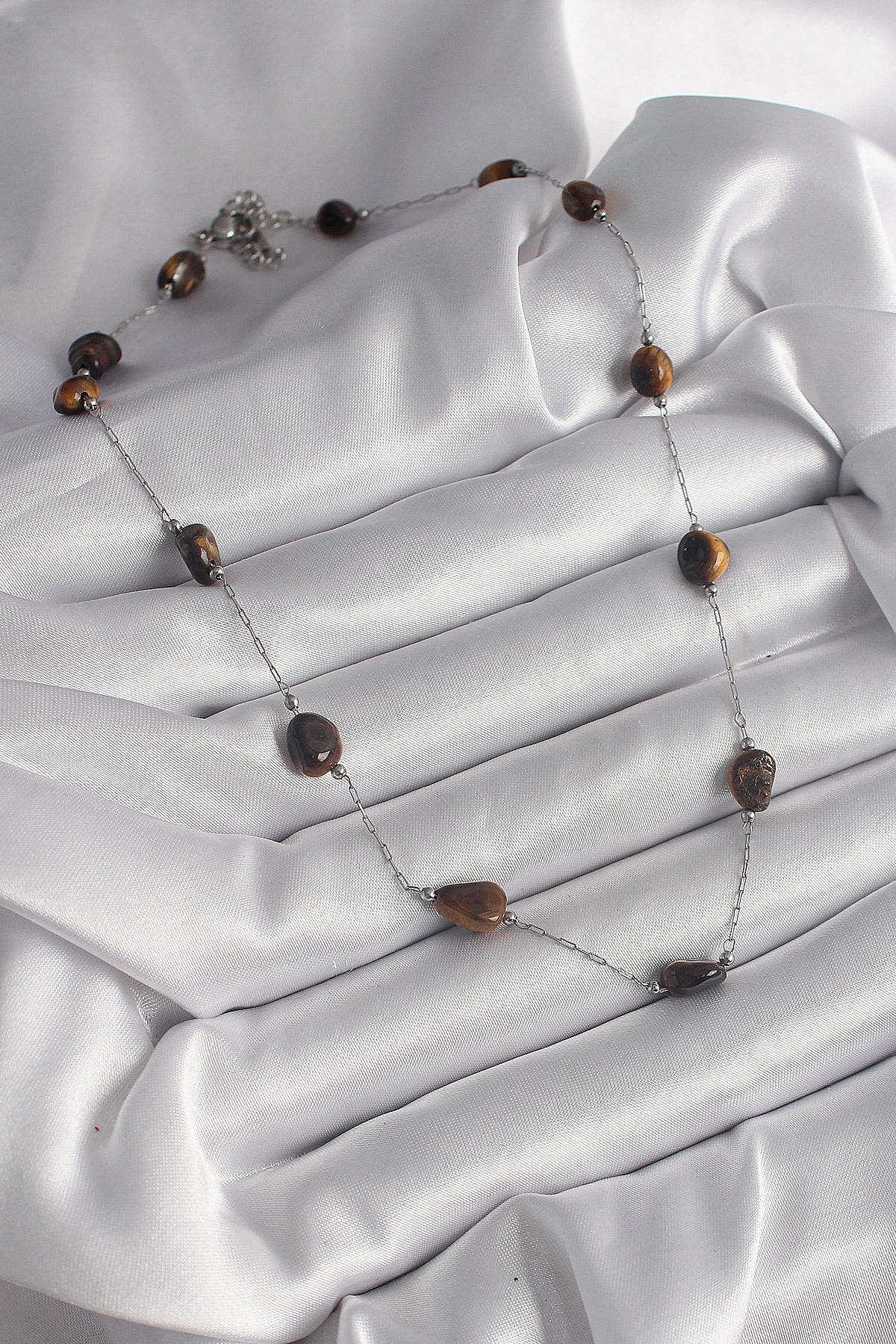 316L Çelik Gümüş Renk Zincir Kahverengi Doğaltaş Model Kadın Kolye-1