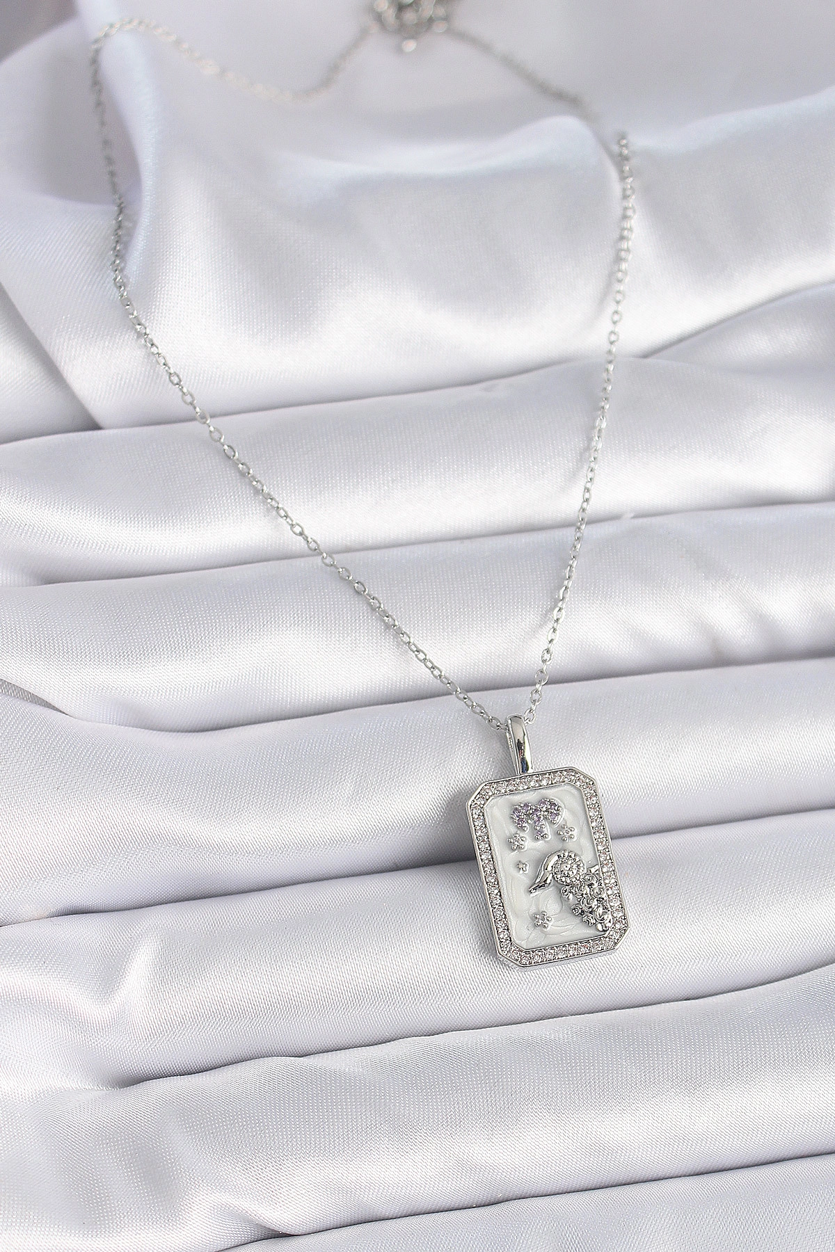 316L Çelik Gümüş Renk Zincir Koç Burcu Zirkon Taşlı Kadın Kolye-1