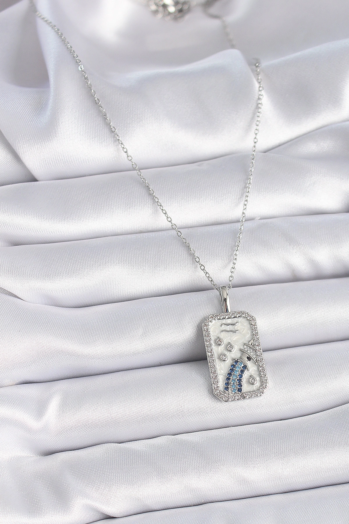 316L Çelik Gümüş Renk Zincir Kova Burcu Zirkon Taşlı Kadın Kolye-1