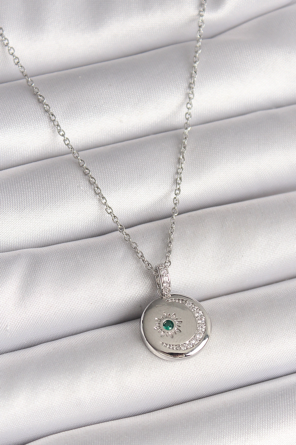 316L Çelik Gümüş Renk Zincir Madalyon Zirkon Taşlı İşlemeli Hilal Yıldız Model Kadın Kolye-0