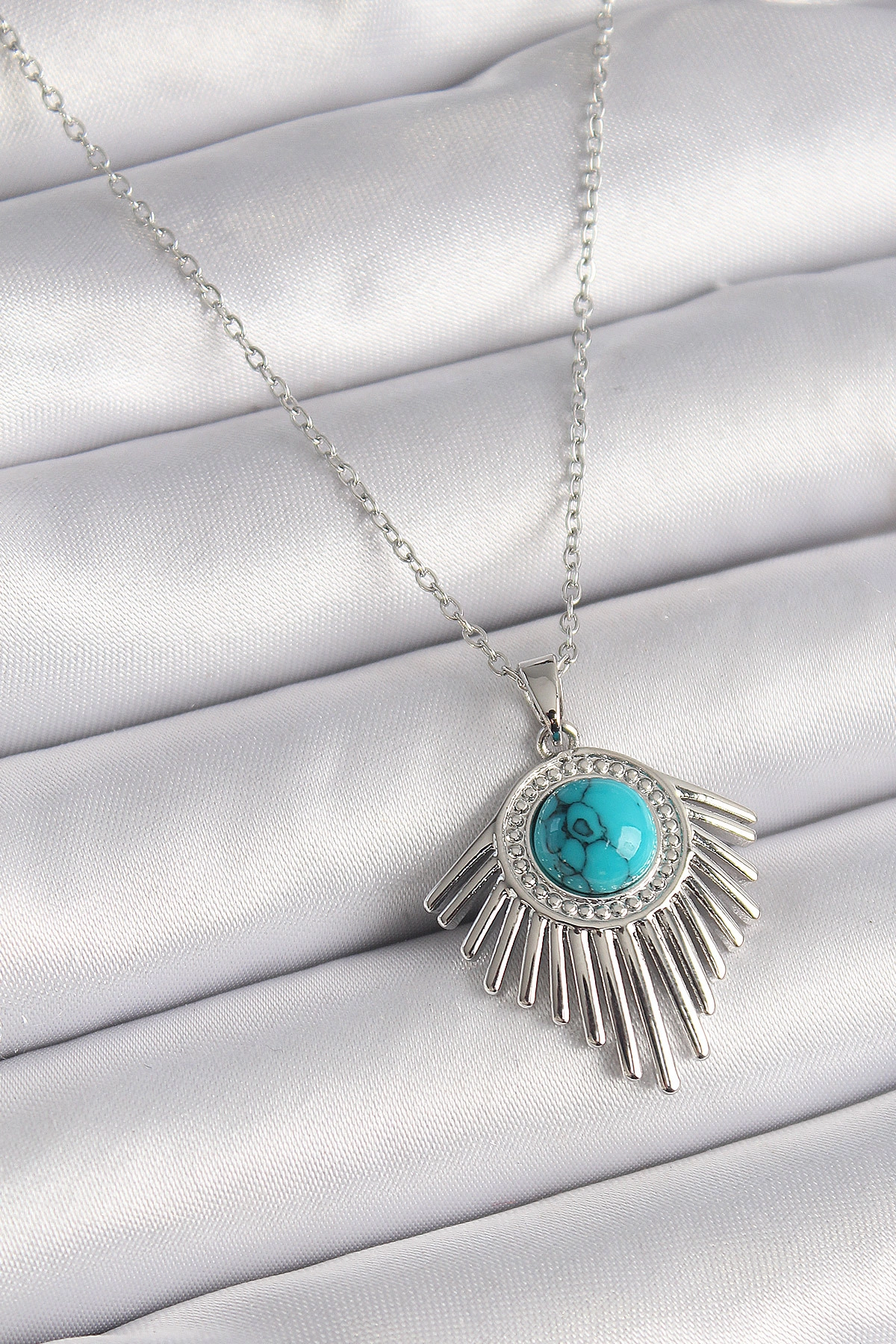 316L Çelik Gümüş Renk Zincir Mavi Boncuklu Zirkon Taşlı Kadın Kolye-0