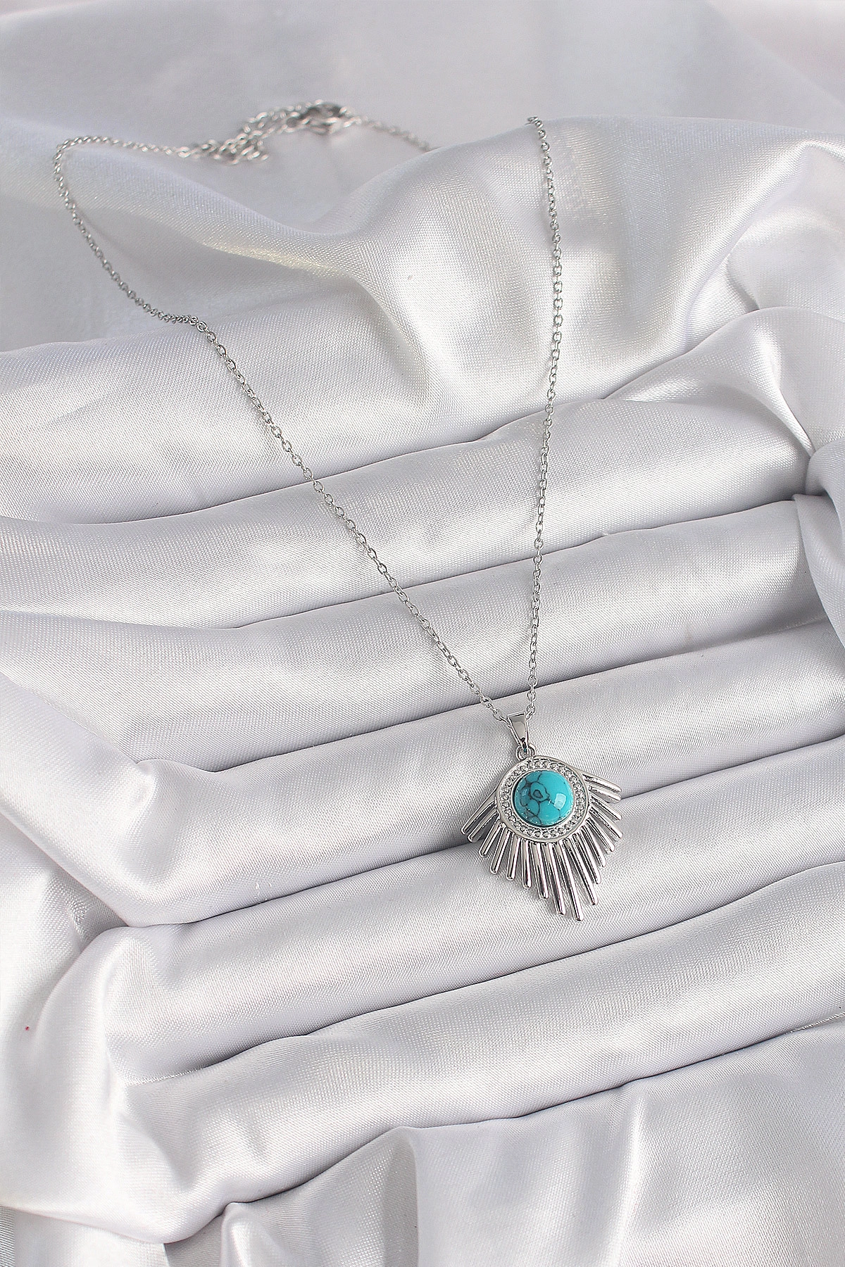 316L Çelik Gümüş Renk Zincir Mavi Boncuklu Zirkon Taşlı Kadın Kolye-1