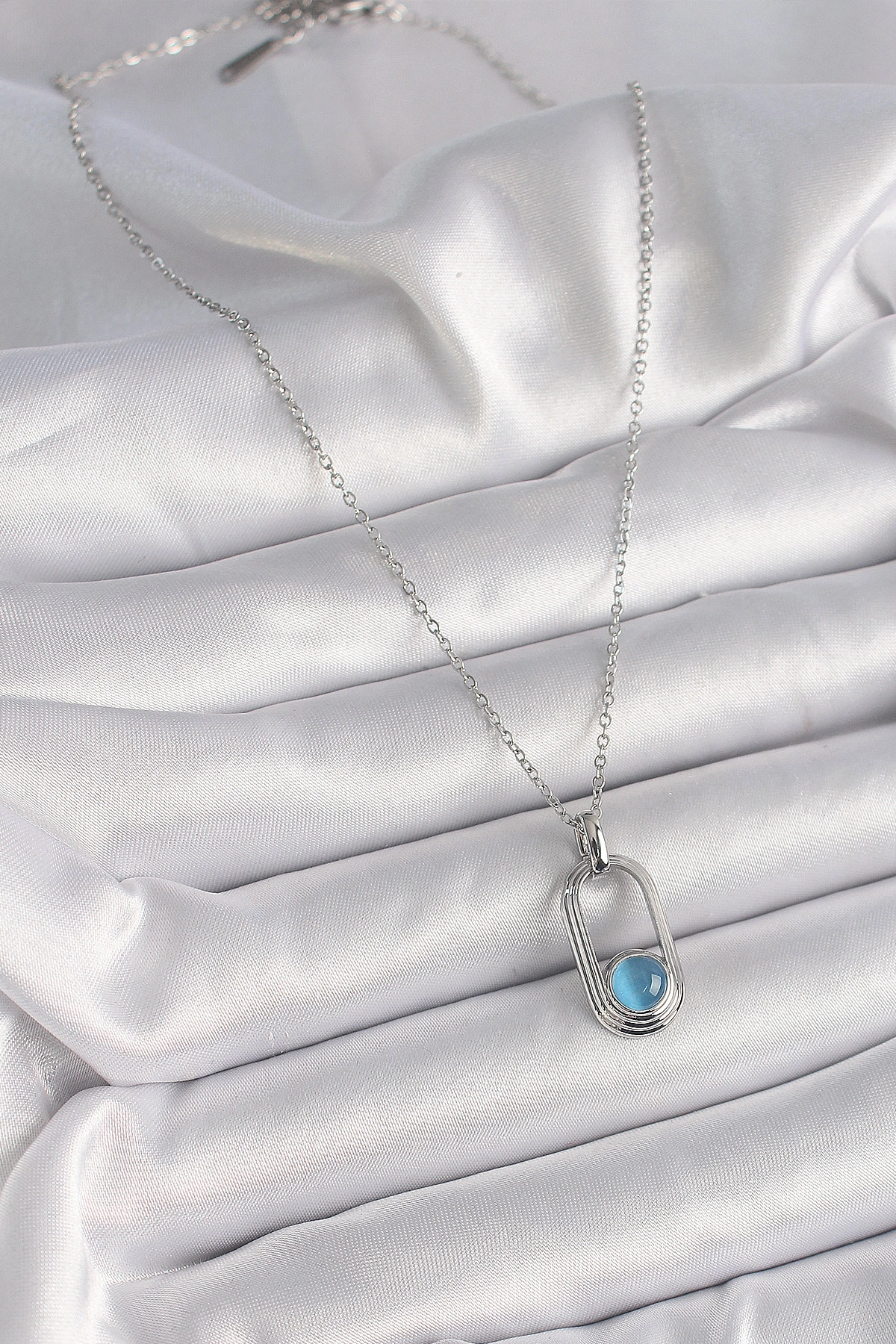 316L Çelik Gümüş Renk Zincir Mavi Kedi Göz Model Kadın Kolye-1