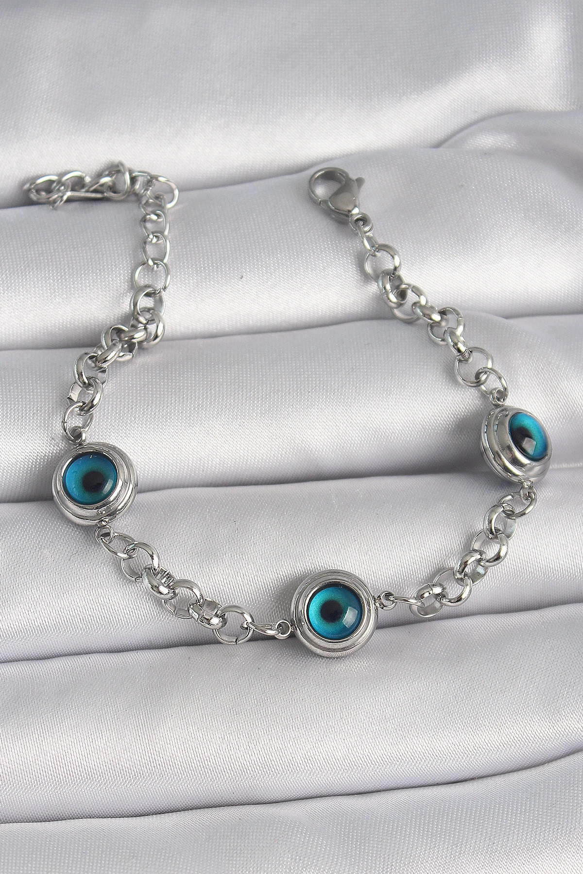 316L Çelik Gümüş Renk Zincir Model Nazar Boncuklu Kadın Bileklik-0