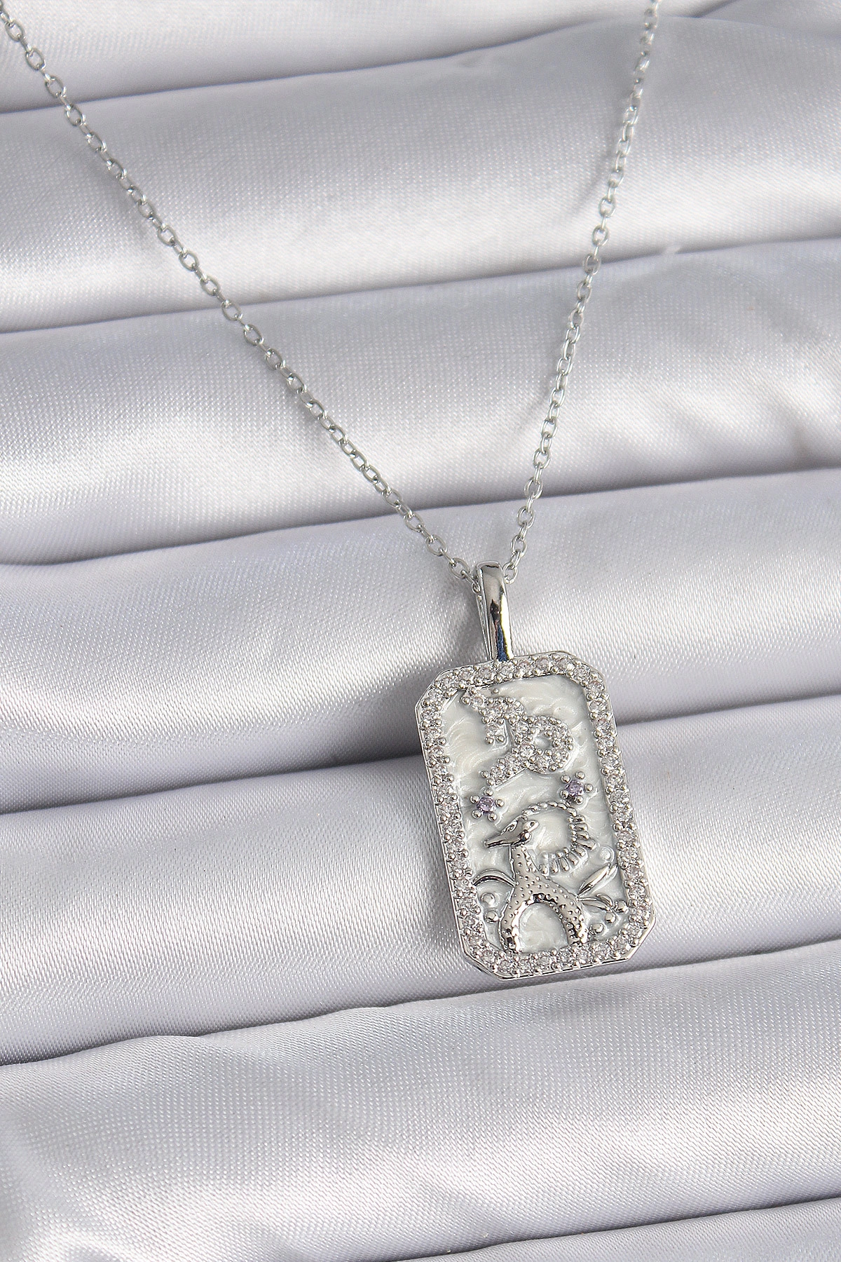 316L Çelik Gümüş Renk Zincir Oğlak Burcu Zirkon Taşlı Kadın Kolye-0