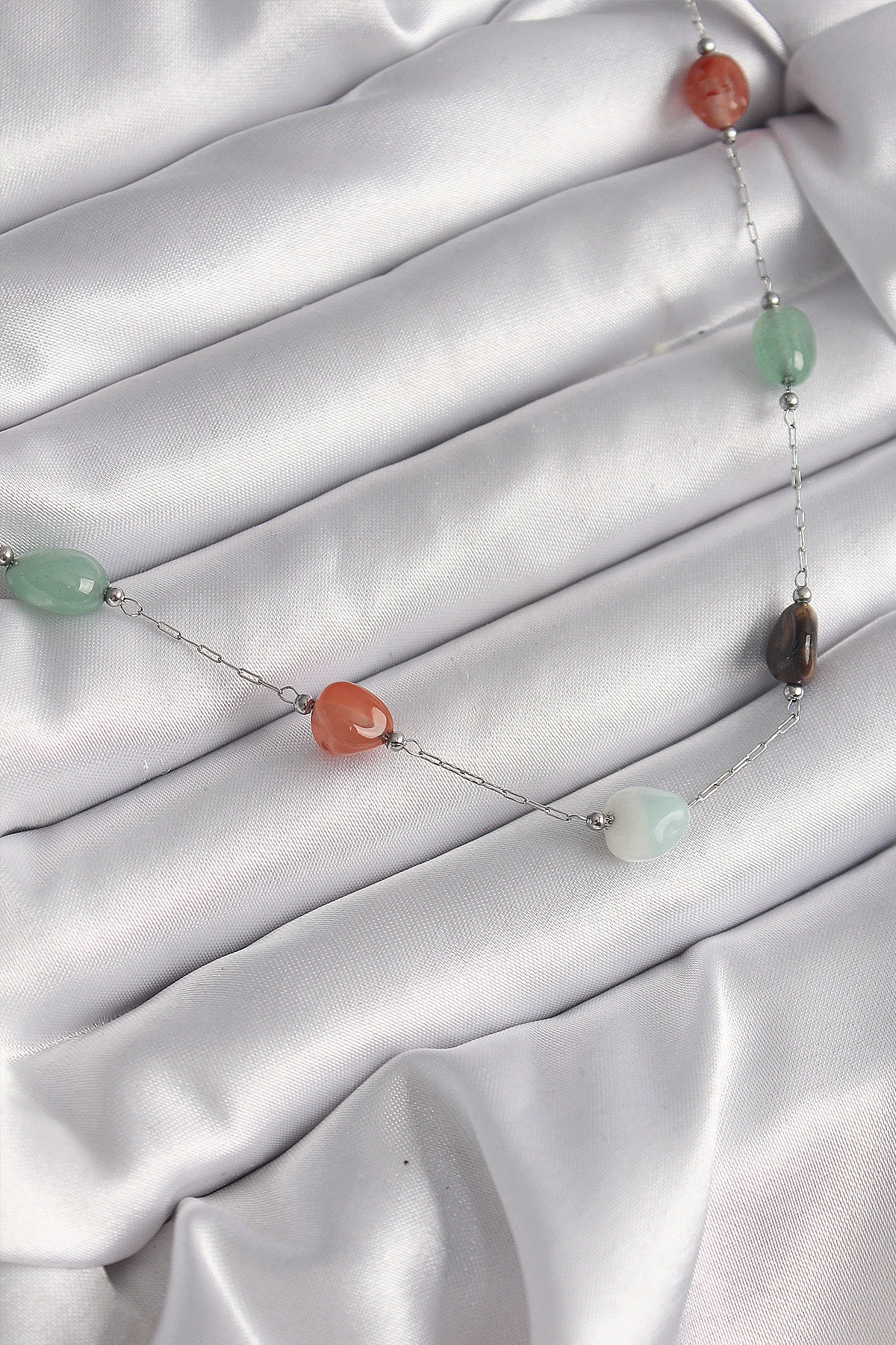 316L Çelik Gümüş Renk Zincir Renkli Doğaltaş Model Kadın Kolye-0