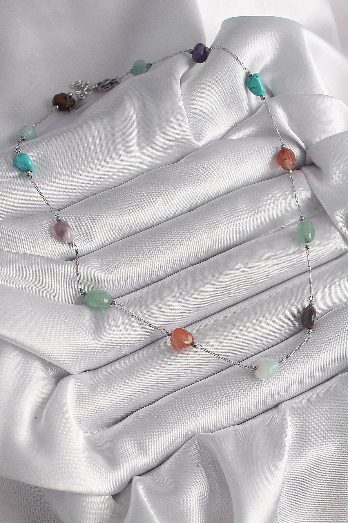 316L Çelik Gümüş Renk Zincir Renkli Doğaltaş Model Kadın Kolye-1