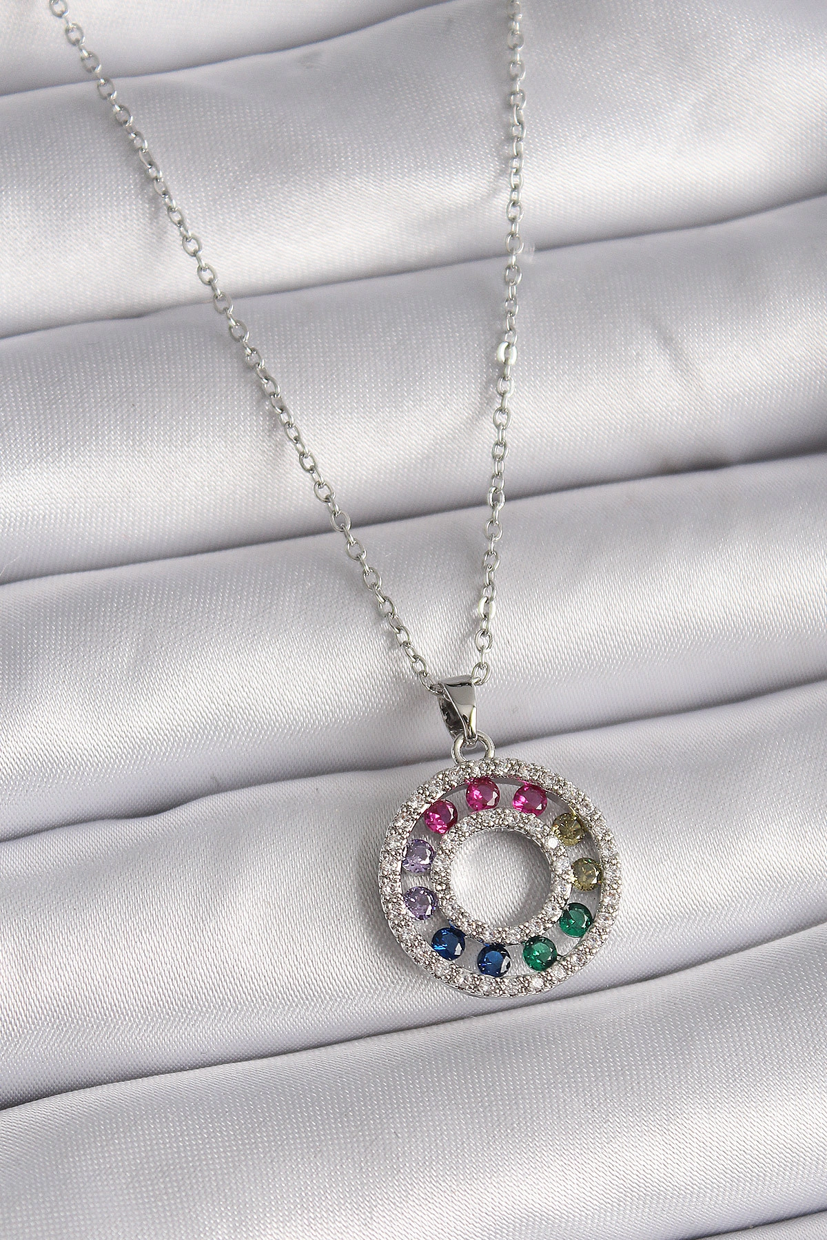 316L Çelik Gümüş Renk Zincir Renkli Zirkon Taşlı Madalyon Model Kadın Kolye-0
