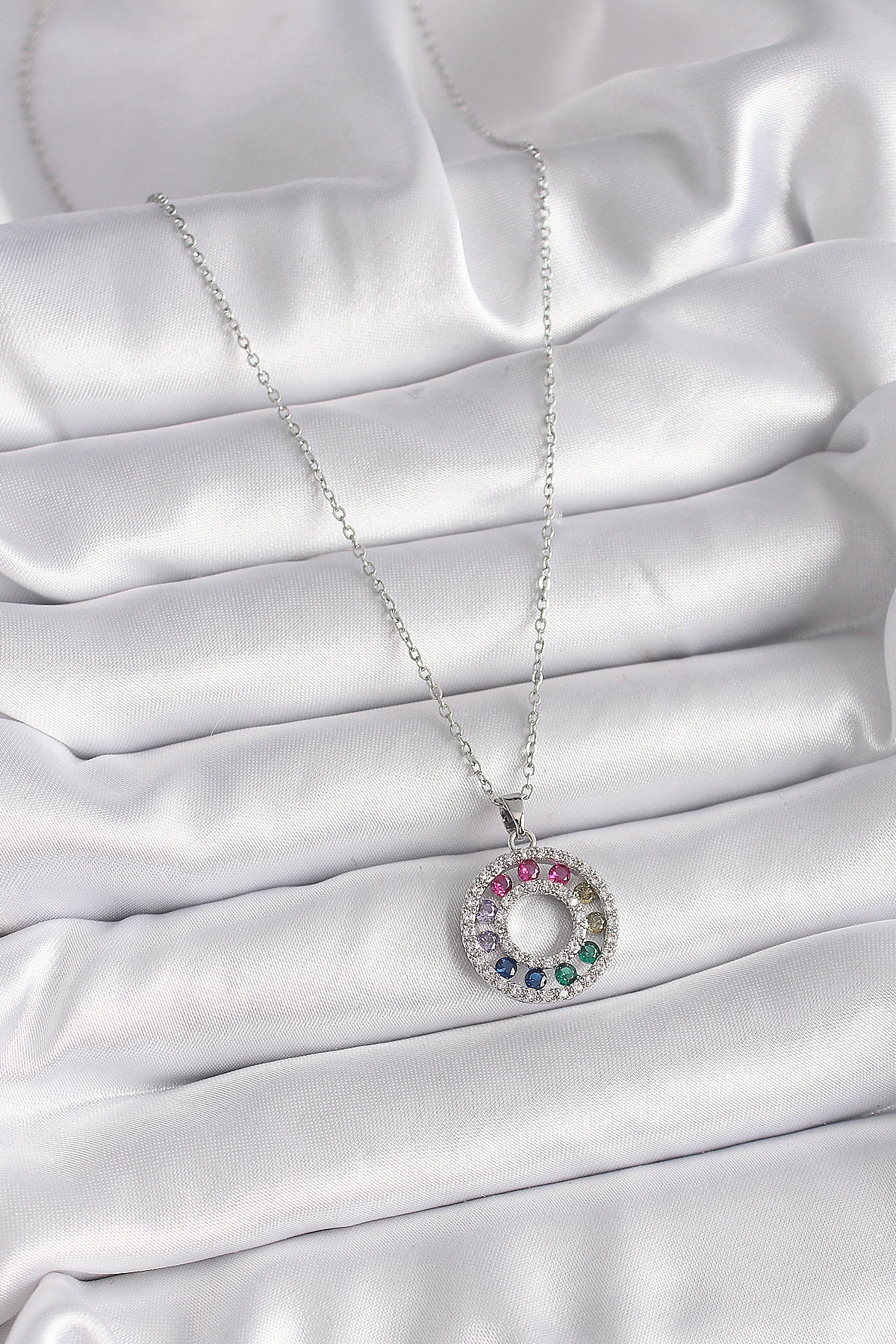 316L Çelik Gümüş Renk Zincir Renkli Zirkon Taşlı Madalyon Model Kadın Kolye-1