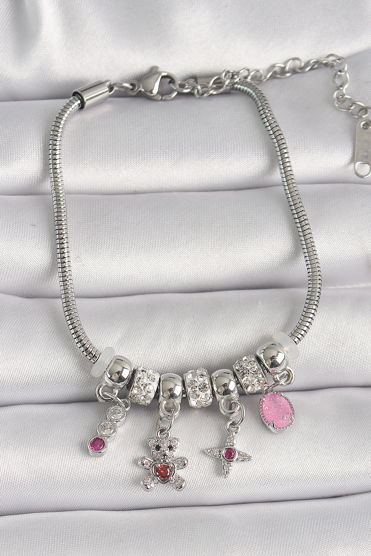 316L Çelik Gümüş Renk Zincir Sallantı Zirkon Taşlı Ayıcık Figür Yıldız Detay Kadın Bileklik-0