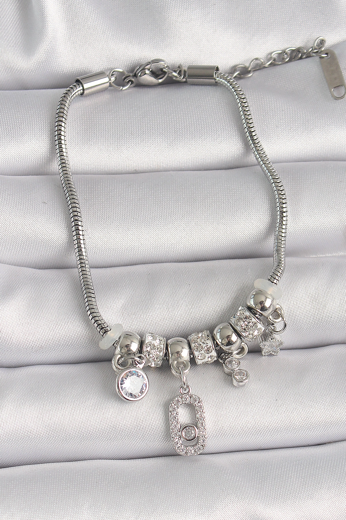 316L Çelik Gümüş Renk Zincir Sallantı Zirkon Taşlı Messika Figür Yıldız Detay Kadın Bileklik-0