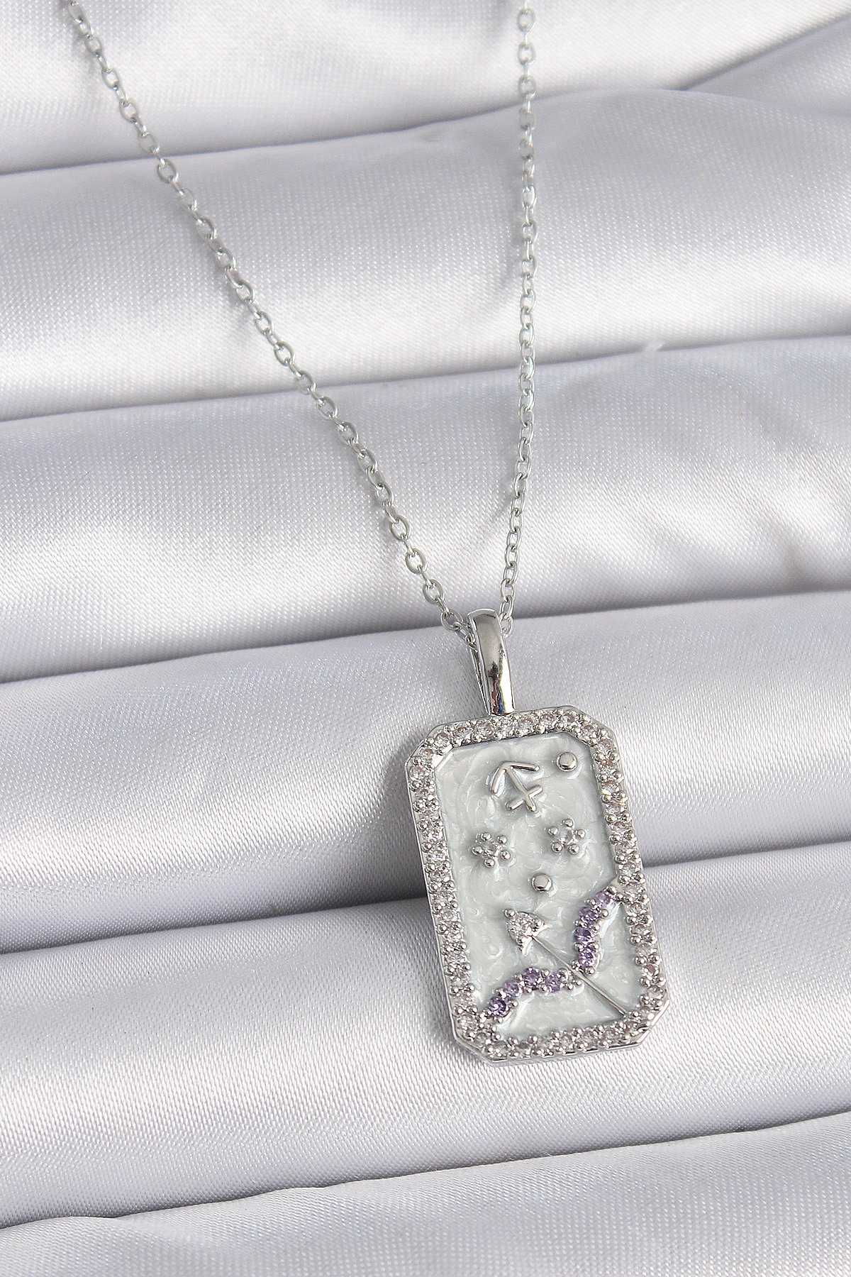 316L Çelik Gümüş Renk Zincir Yay Burcu Zirkon Taşlı Kadın Kolye-0