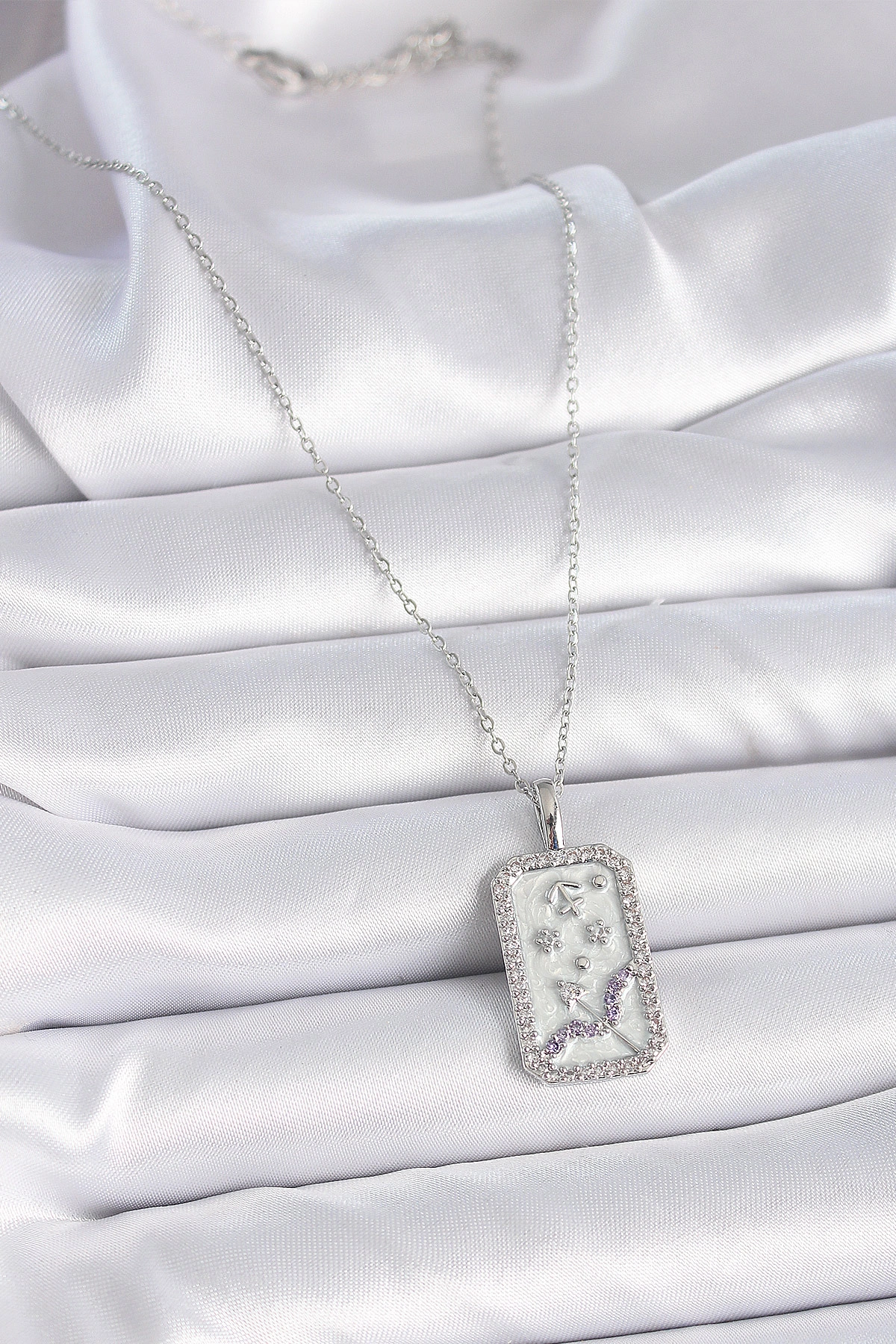 316L Çelik Gümüş Renk Zincir Yay Burcu Zirkon Taşlı Kadın Kolye-1