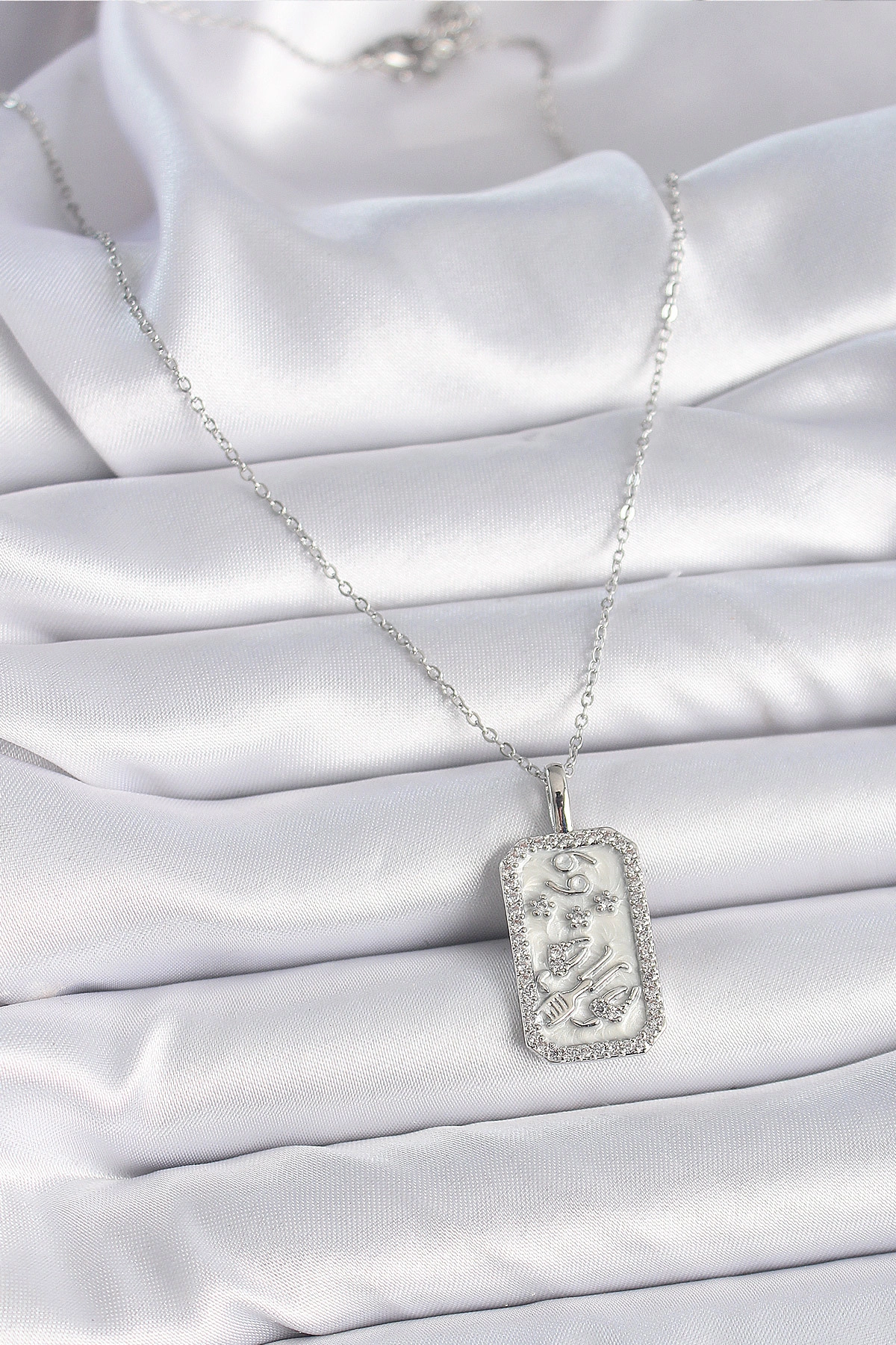 316L Çelik Gümüş Renk Zincir Yengeç Burcu Zirkon Taşlı Kadın Kolye-1