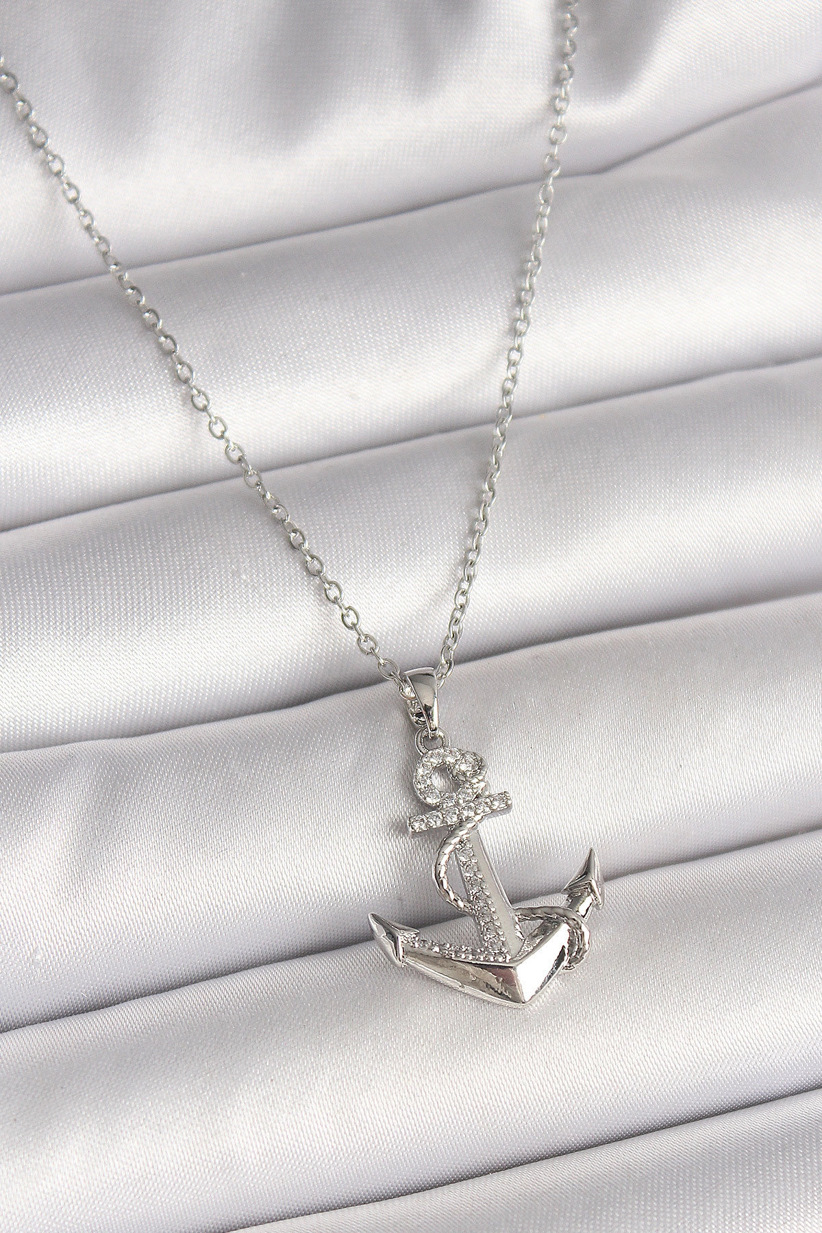 316L Çelik Gümüş Renk Zincir Zirkon Taş Detaylı Çapa Model Kadın Kolye-0