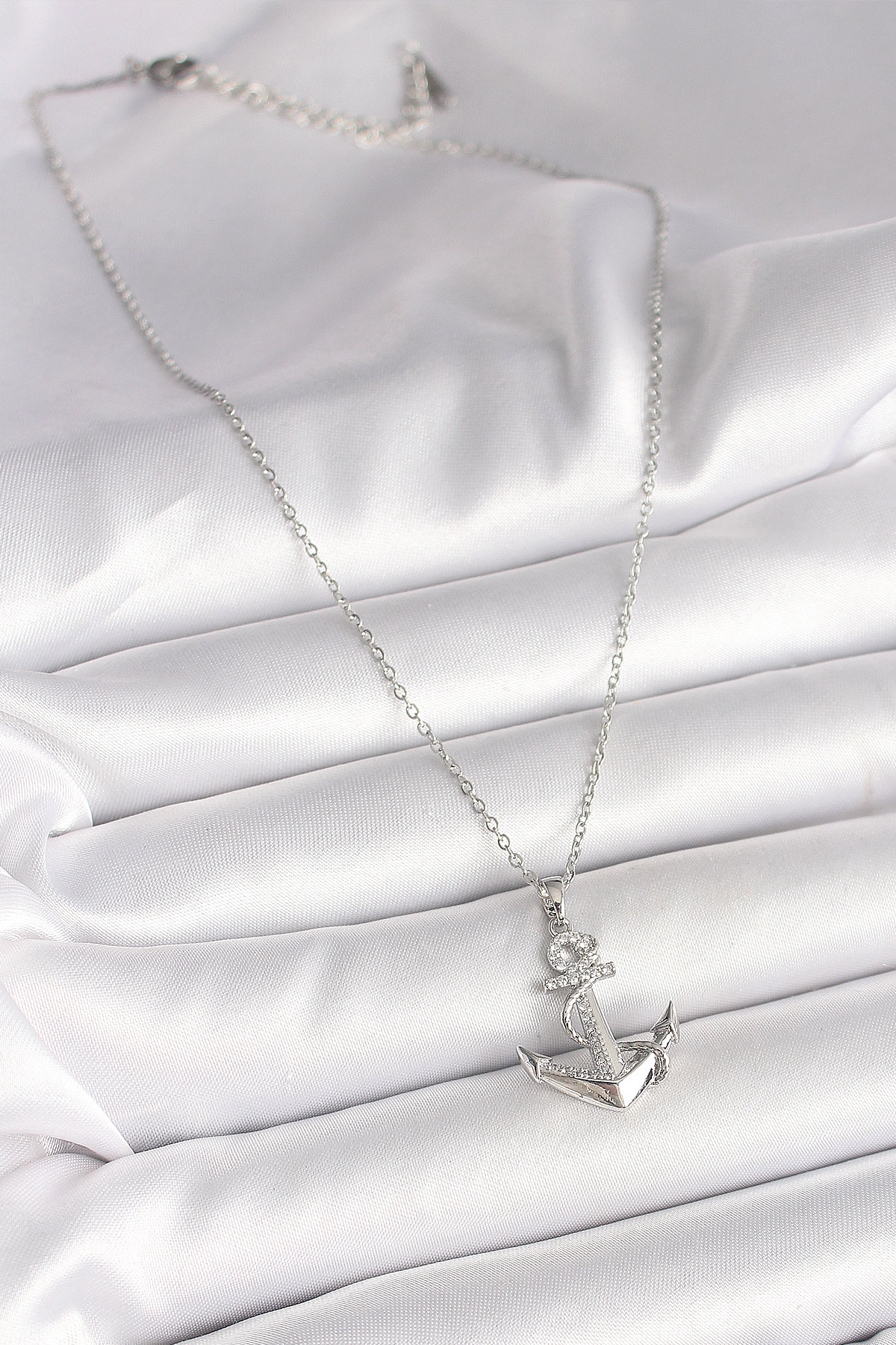 316L Çelik Gümüş Renk Zincir Zirkon Taş Detaylı Çapa Model Kadın Kolye-1