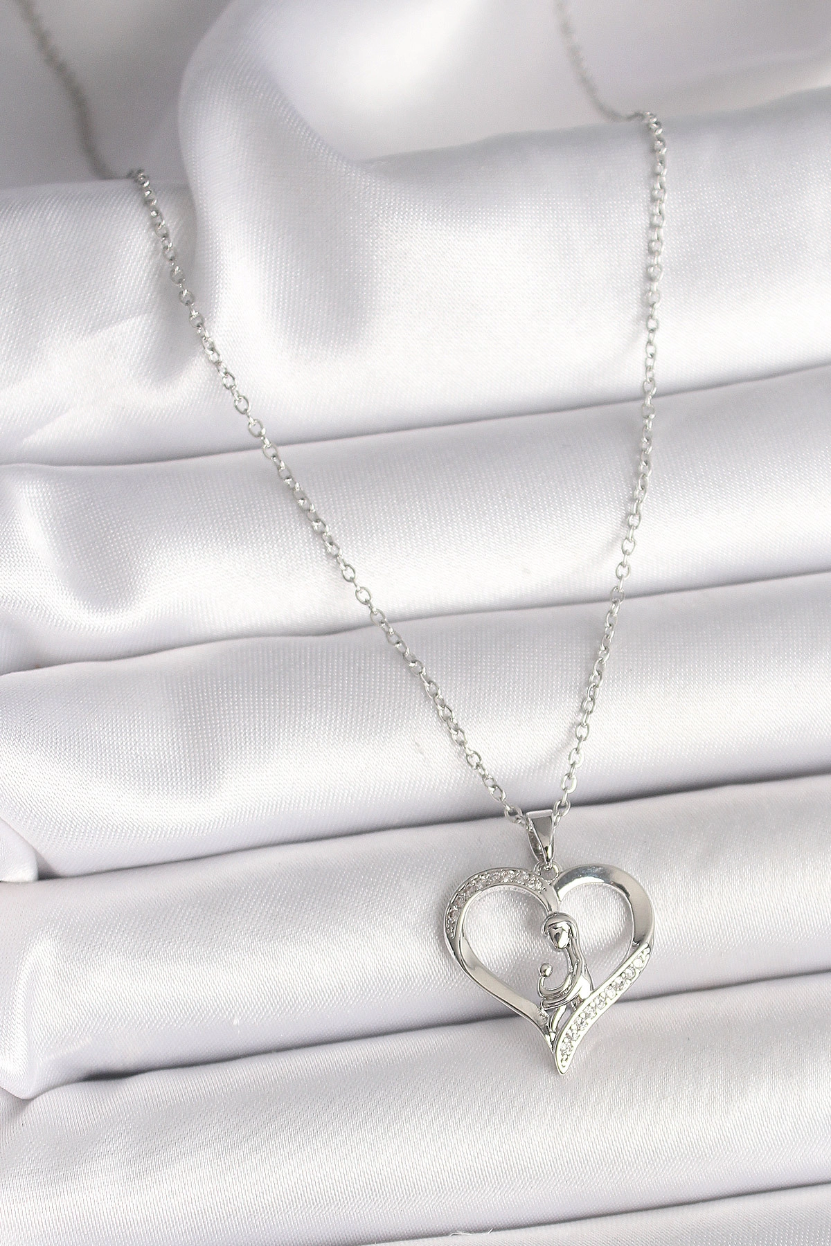 316L Çelik Gümüş Renk Zincir Zirkon Taş Detaylı Kalp Model Kadın Kolye-1