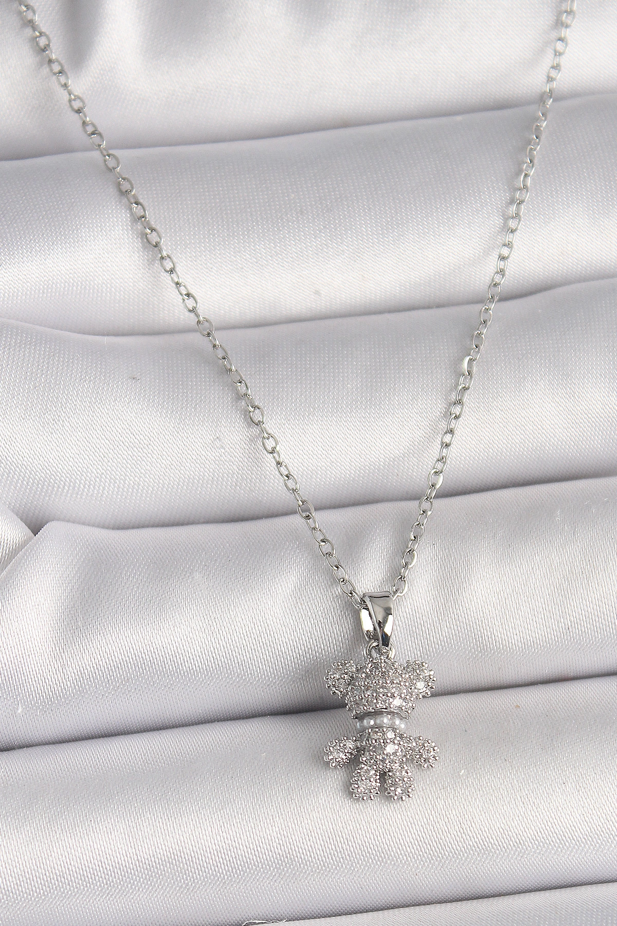 316L Çelik Gümüş Renk Zincir Zirkon Taşlı Ayıcık Figür Kadın Kolye-0