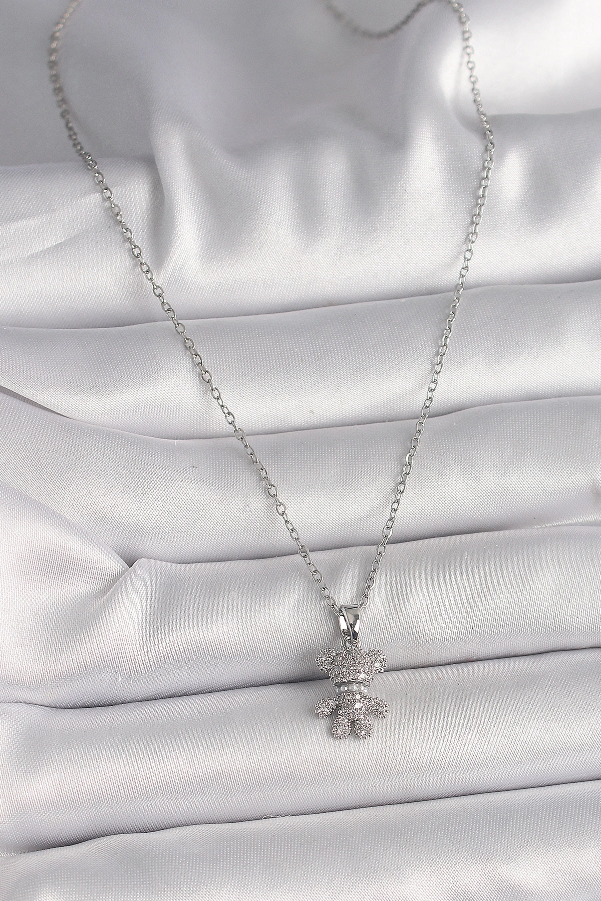 316L Çelik Gümüş Renk Zincir Zirkon Taşlı Ayıcık Figür Kadın Kolye-1