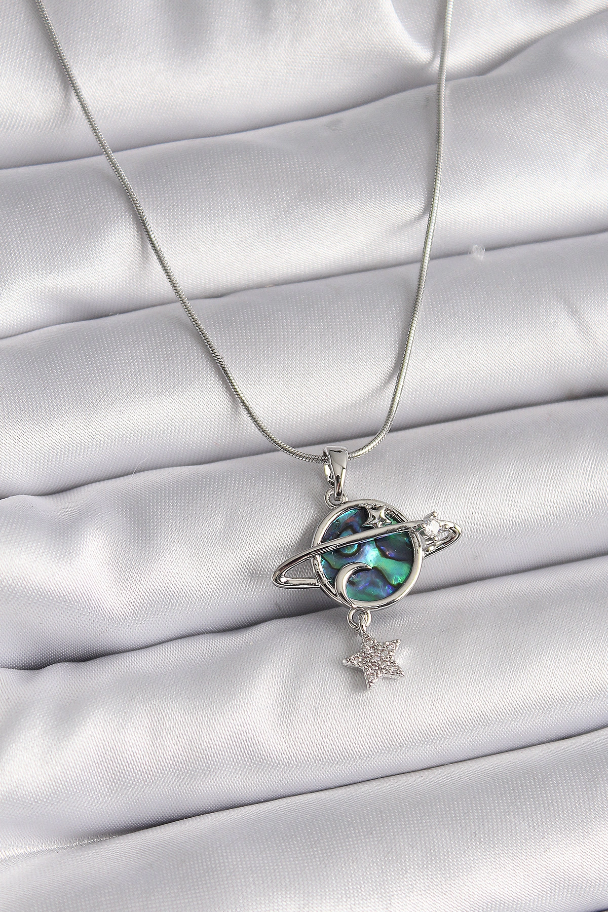 316L Çelik Gümüş Renk Zincir Zirkon Taşlı Gezegen Model Kadın Kolye-0