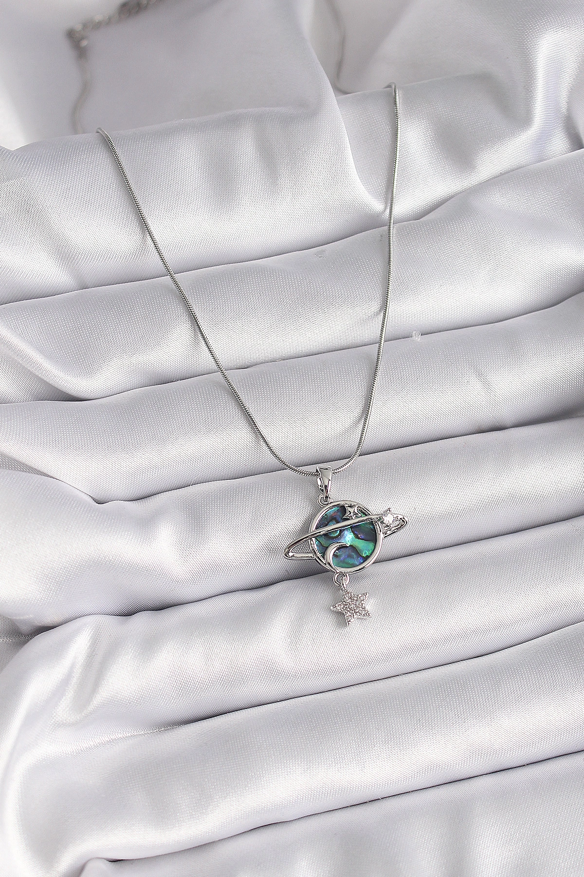 316L Çelik Gümüş Renk Zincir Zirkon Taşlı Gezegen Model Kadın Kolye-1