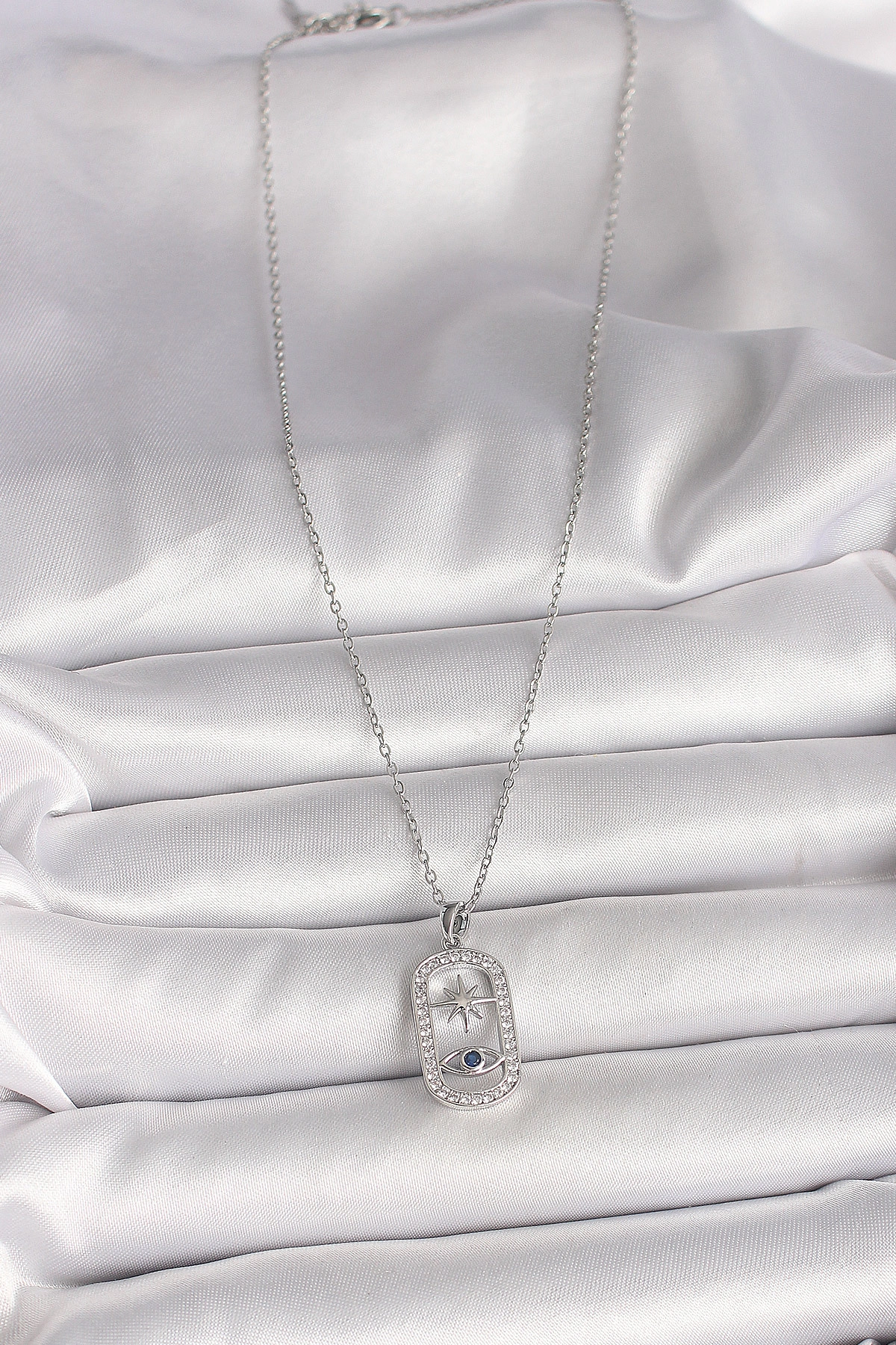 316L Çelik Gümüş Renk Zincir Zirkon Taşlı Göz Yıldız Model Kadın Kolye-1