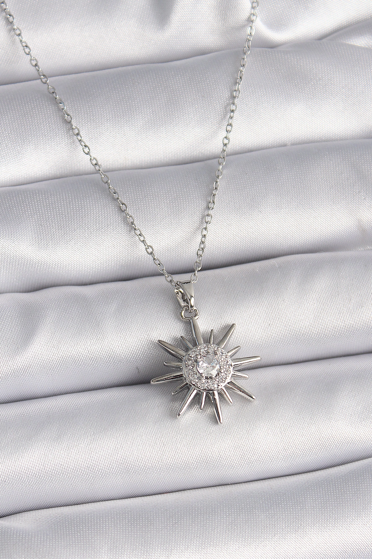 316L Çelik Gümüş Renk Zincir Zirkon Taşlı Güneş Model Kadın Yüzük-0