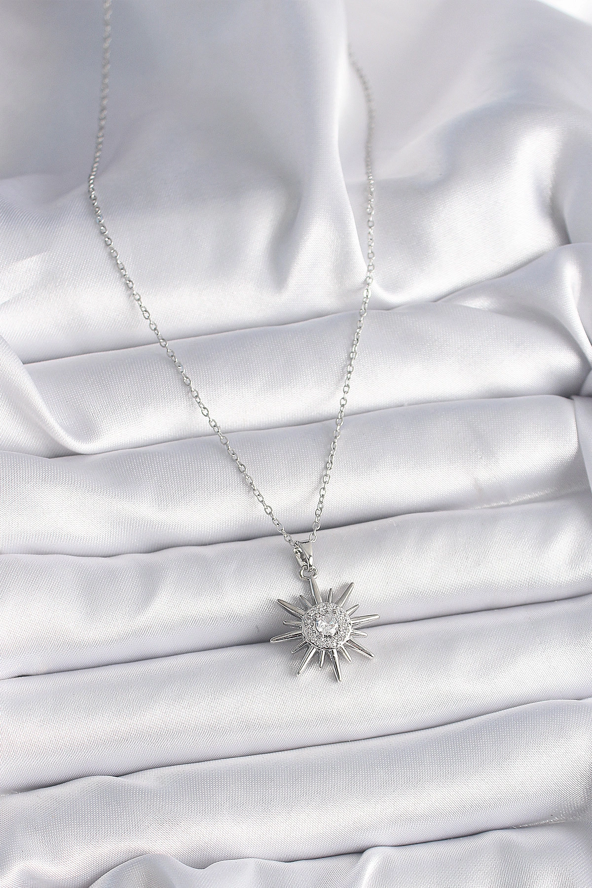 316L Çelik Gümüş Renk Zincir Zirkon Taşlı Güneş Model Kadın Yüzük-1