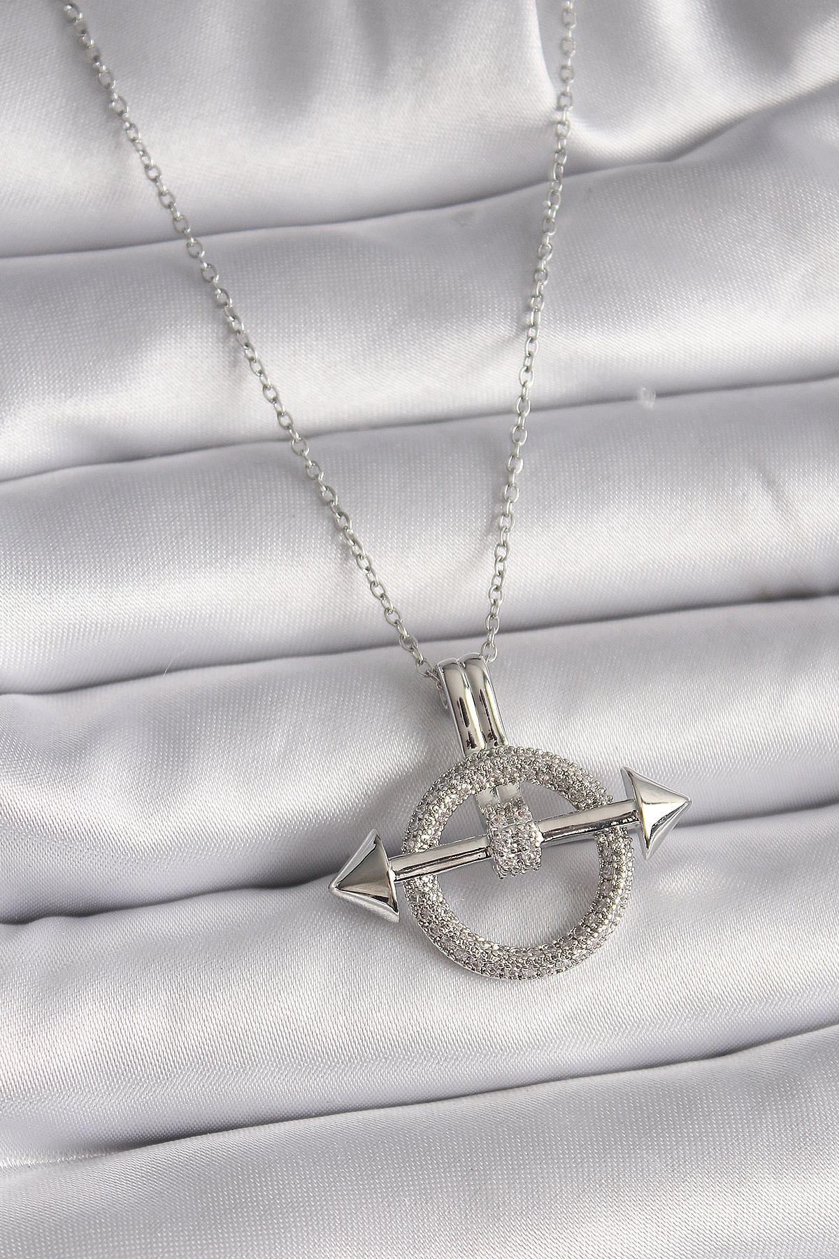 316L Çelik Gümüş Renk Zincir Zirkon Taşlı Halka Model Kadın Kolye-0