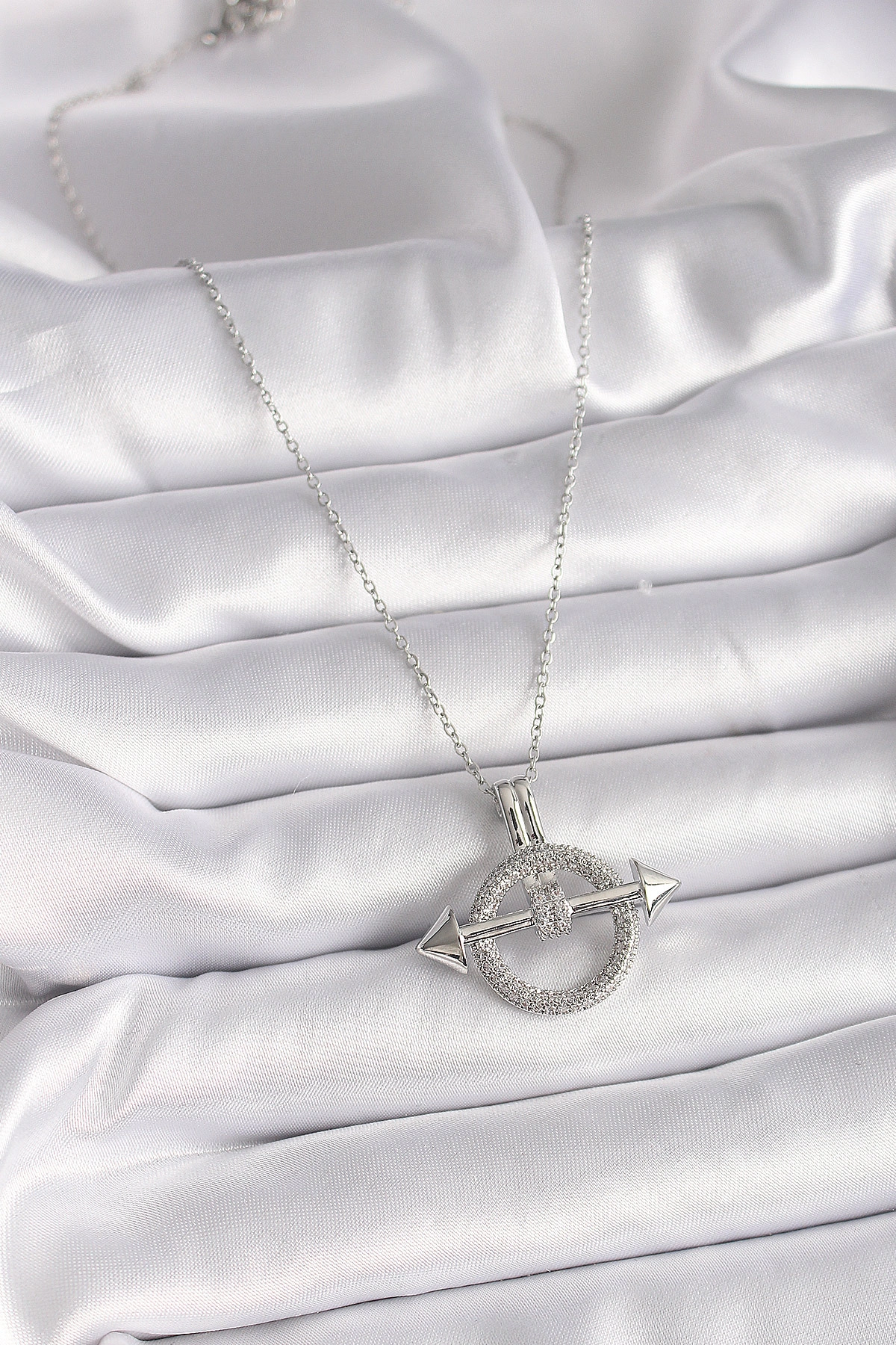 316L Çelik Gümüş Renk Zincir Zirkon Taşlı Halka Model Kadın Kolye-1