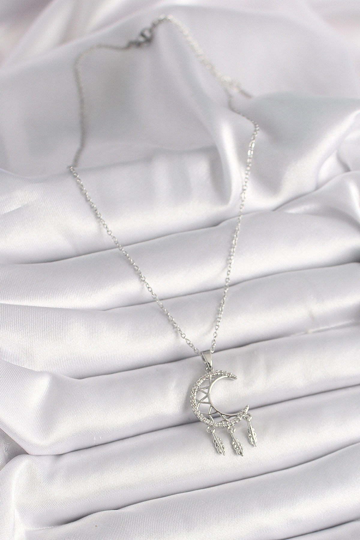 316L Çelik Gümüş Renk Zincir Zirkon Taşlı Hilal Model Sallantı Yaprak Detay Kadın Kolye-1