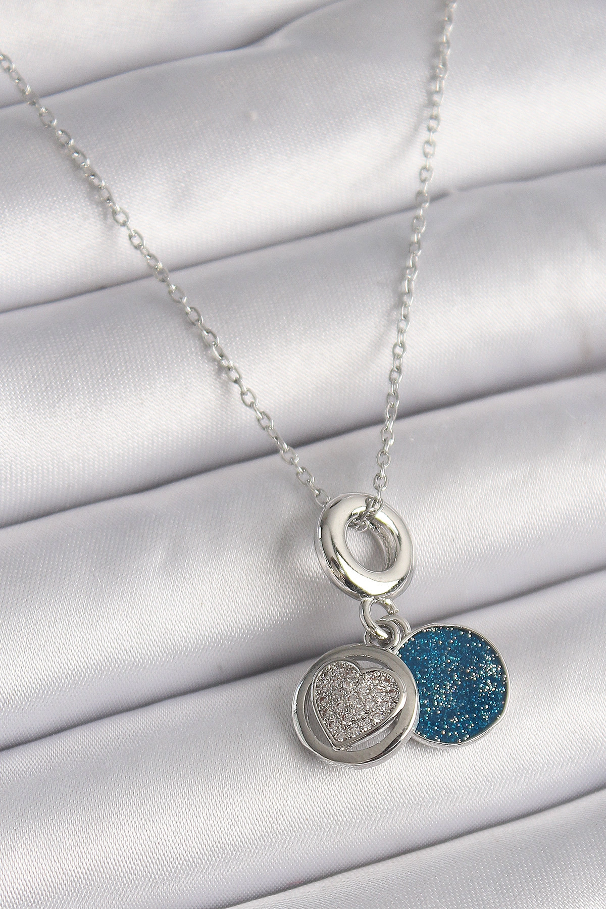 316L Çelik Gümüş Renk Zincir Zirkon Taşlı İşleme Mavi Simli Kadın Kolye-0