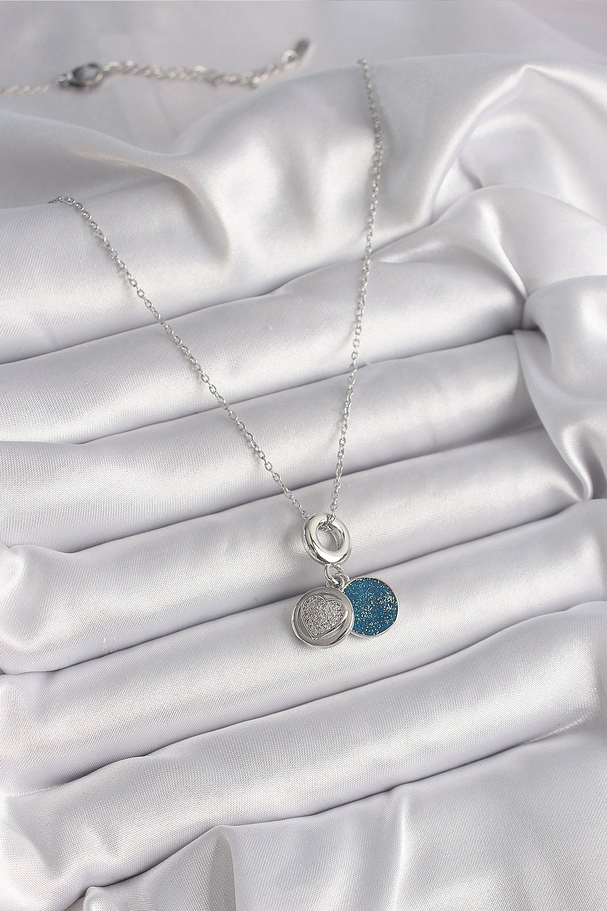 316L Çelik Gümüş Renk Zincir Zirkon Taşlı İşleme Mavi Simli Kadın Kolye-1