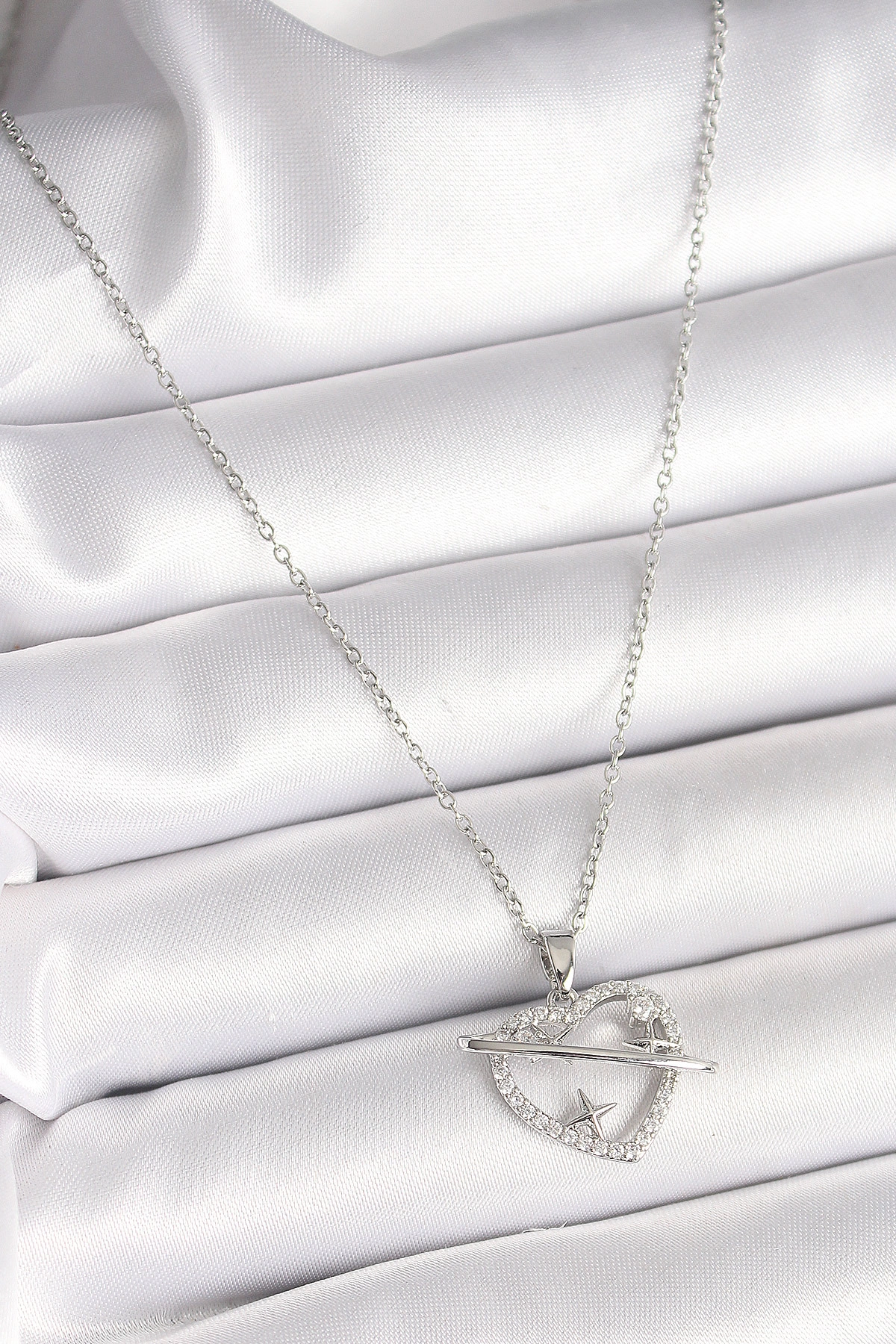 316L Çelik Gümüş Renk Zincir Zirkon Taşlı Kalp Model Yıldız Detay Kadın Kolye-1