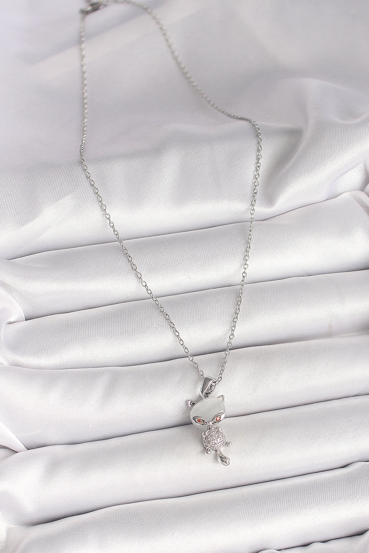 316L Çelik Gümüş Renk Zincir Zirkon Taşlı Kedi Model Kadın Kolye-1