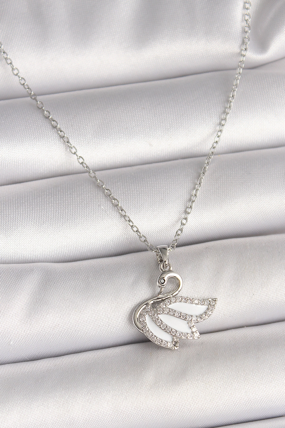 316L Çelik Gümüş Renk Zincir Zirkon Taşlı Kuğu Model Kadın Kolye-0