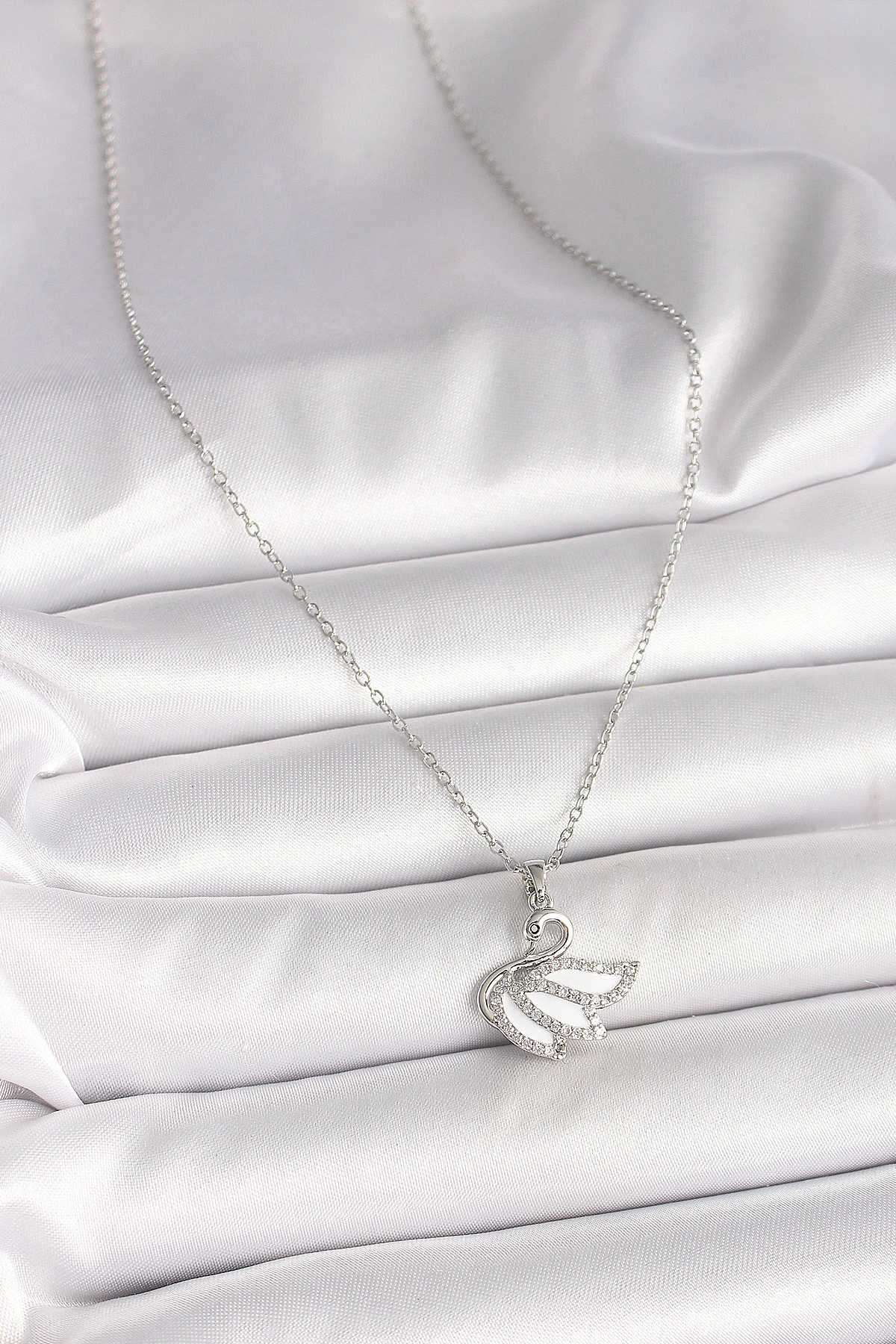 316L Çelik Gümüş Renk Zincir Zirkon Taşlı Kuğu Model Kadın Kolye-1