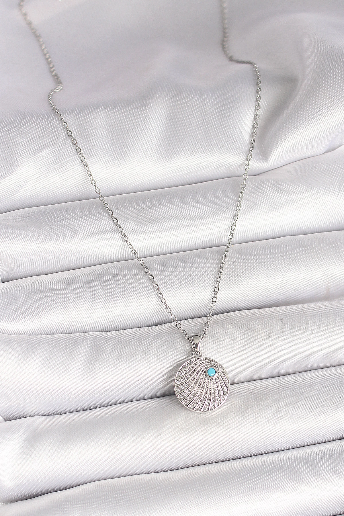 316L Çelik Gümüş Renk Zincir Zirkon Taşlı Mavi Taş Detaylı Madalyon Model Kadın Kolye-1