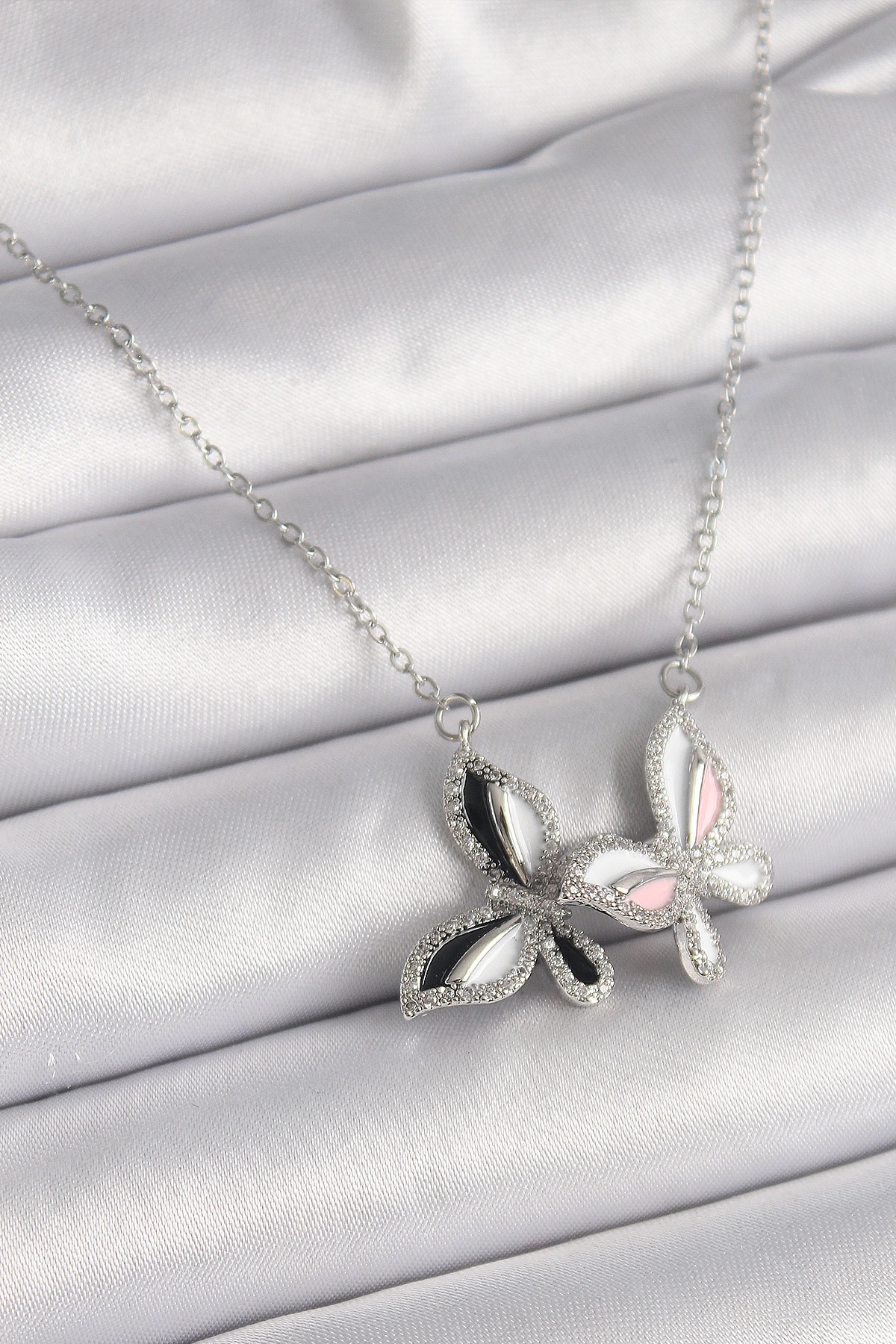 316L Çelik Gümüş Renk Zincir Zirkon Taşlı Renkli Kelebek Model Kadın Kolye-0