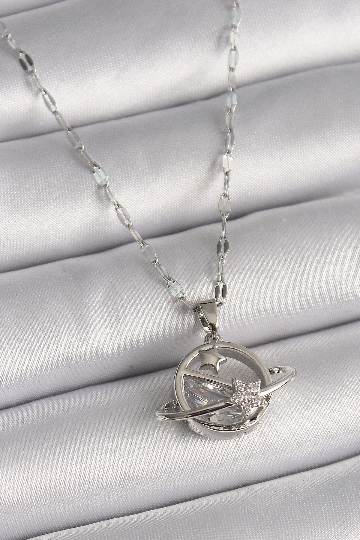 316L Çelik Gümüş Renk Zincir Zirkon Taşlı Yıldız Detay Gezegen Model Kadın Kolye-0