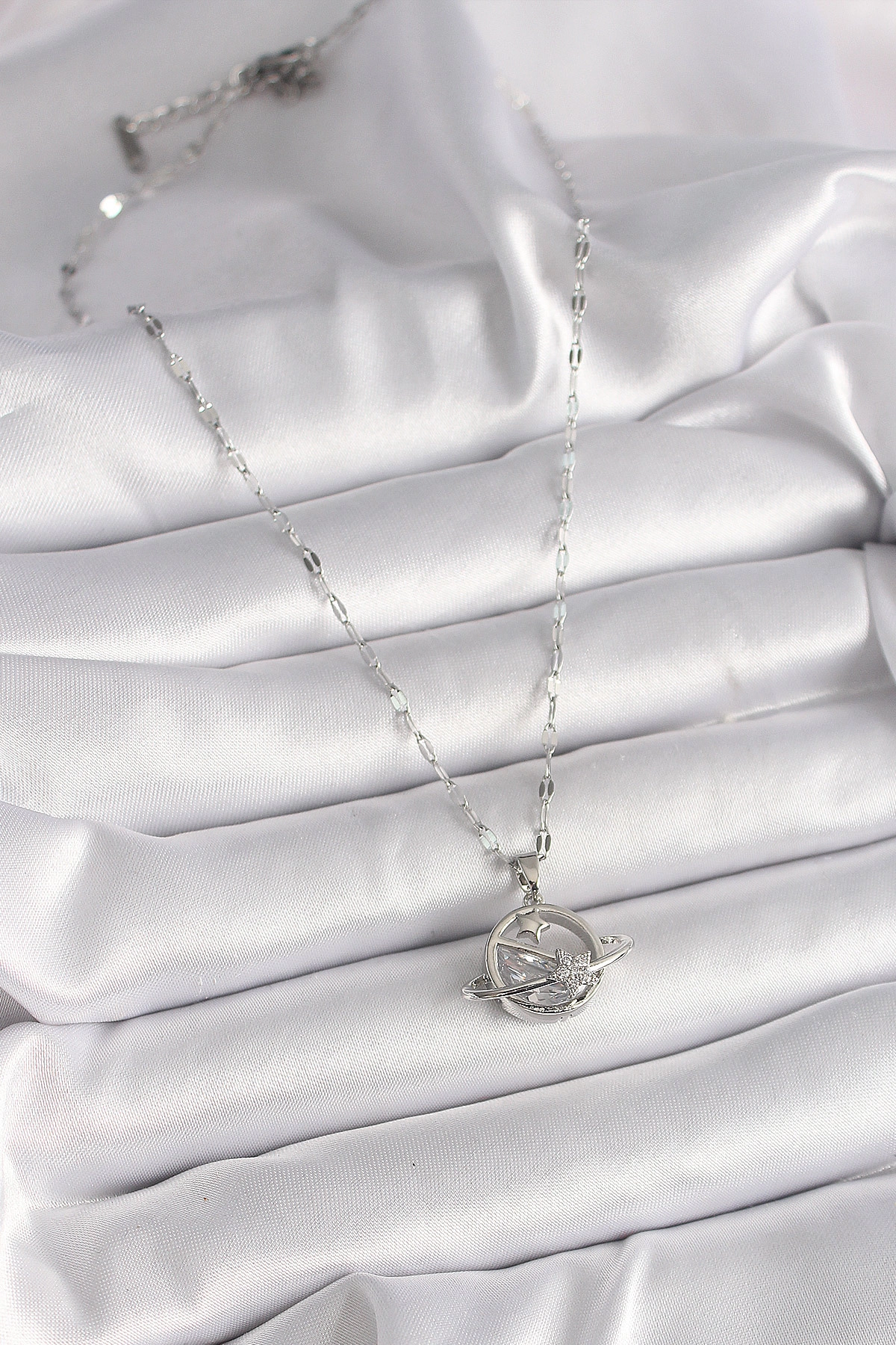 316L Çelik Gümüş Renk Zincir Zirkon Taşlı Yıldız Detay Gezegen Model Kadın Kolye-1