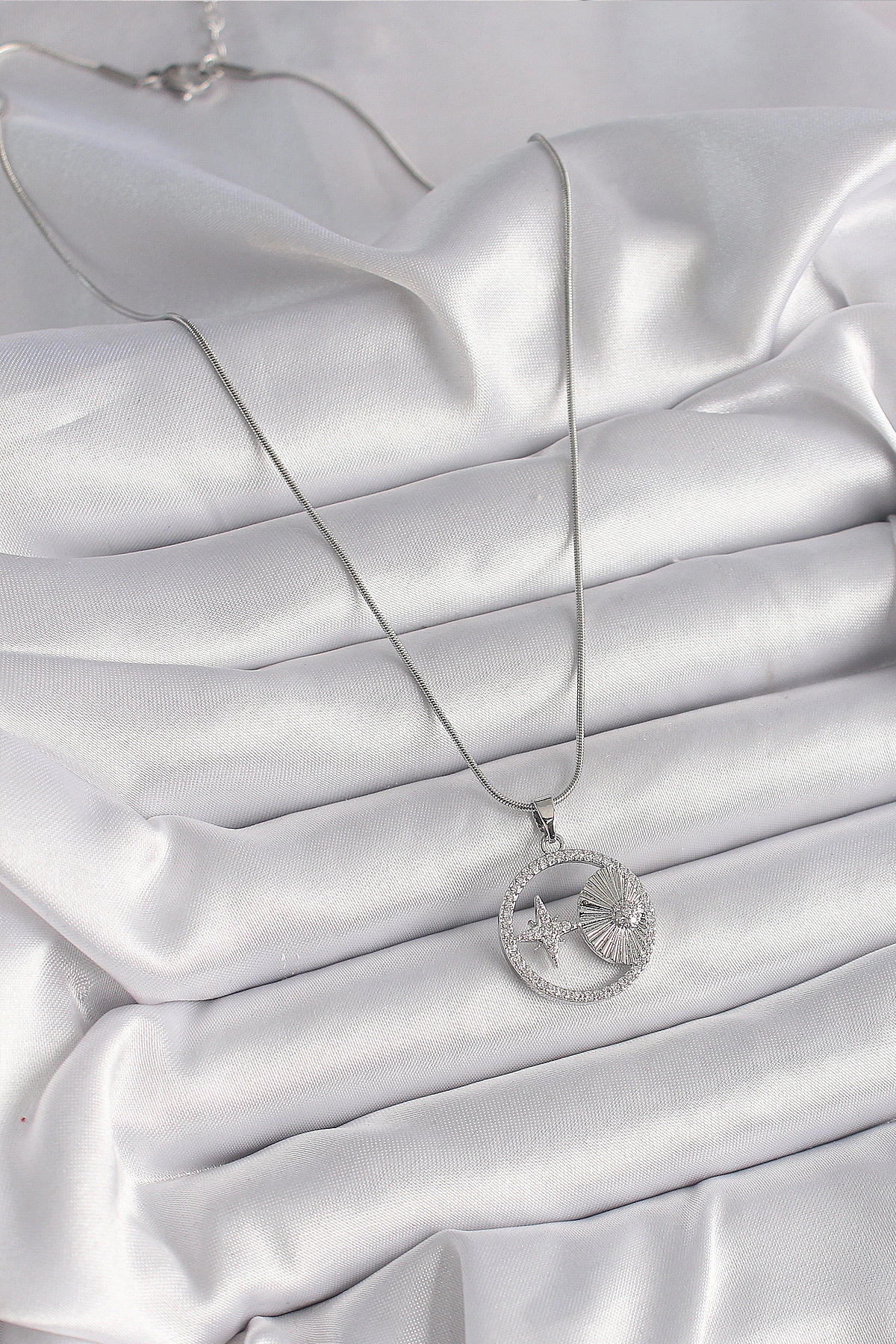 316L Çelik Gümüş Renk Zincir Zirkon Taşlı Yıldız Madalyon Model Kadın Kolye-1