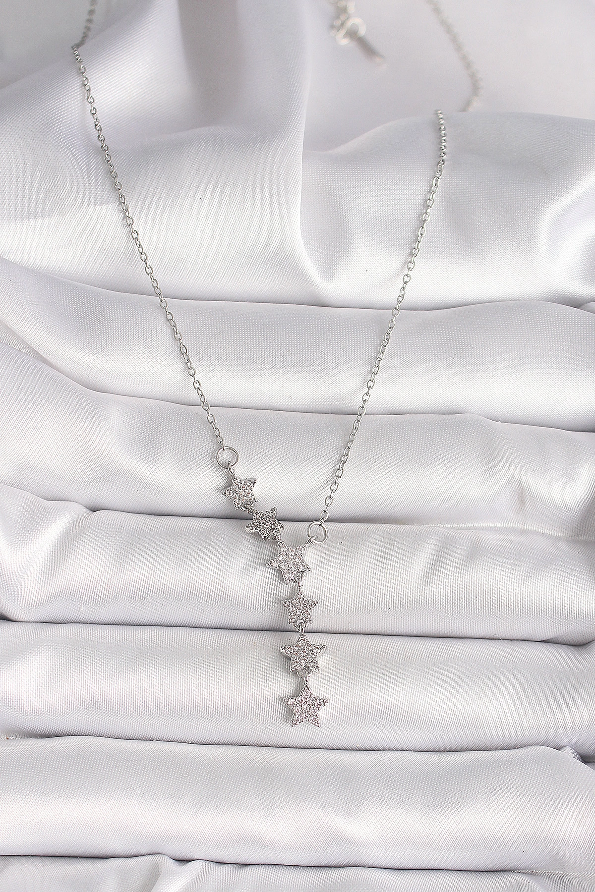 316L Çelik Gümüş Renk Zincir Zirkon Taşlı Yıldız Model Kadın Kolye-1