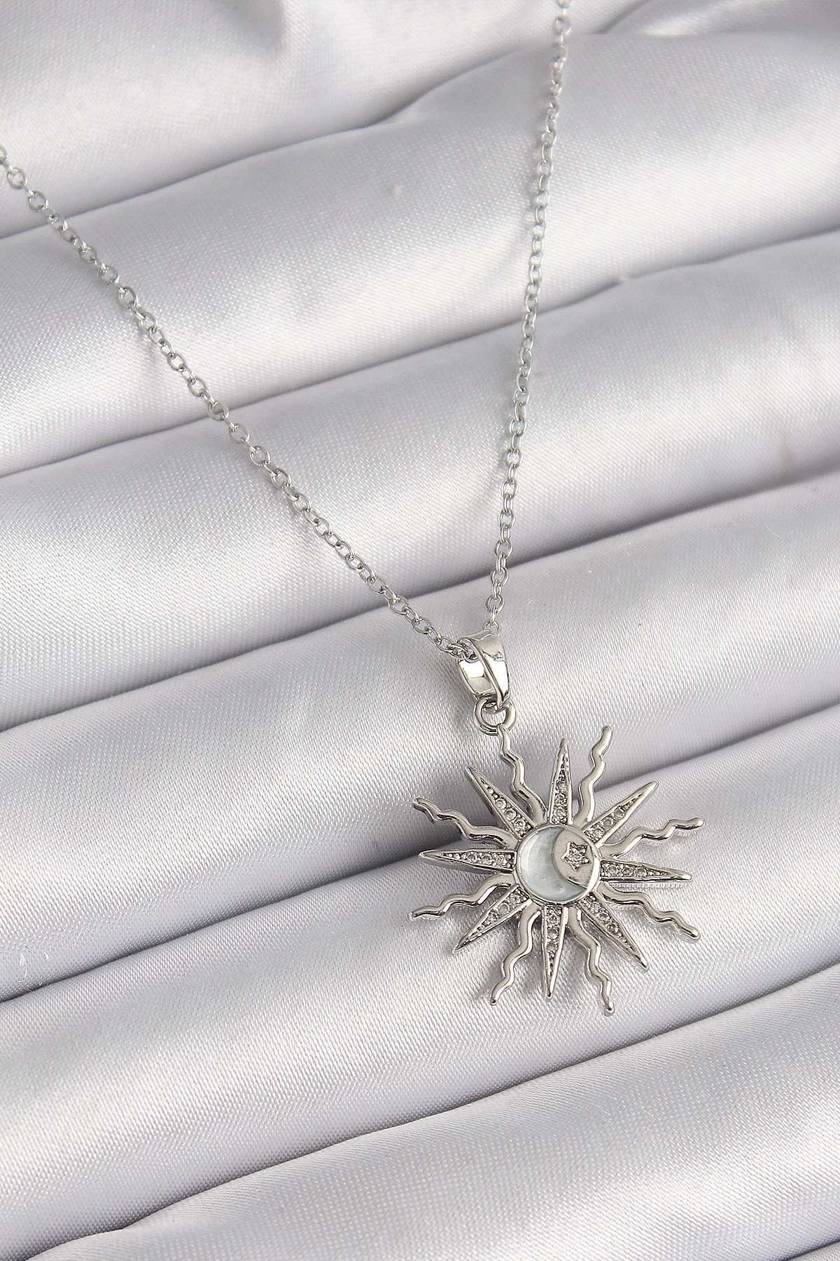 316L Çelik Gümüş Renk Zincir Zirkon Taşlı Yıldız Model Sedefli Ay İşleme Detay Kadın Kolye-0