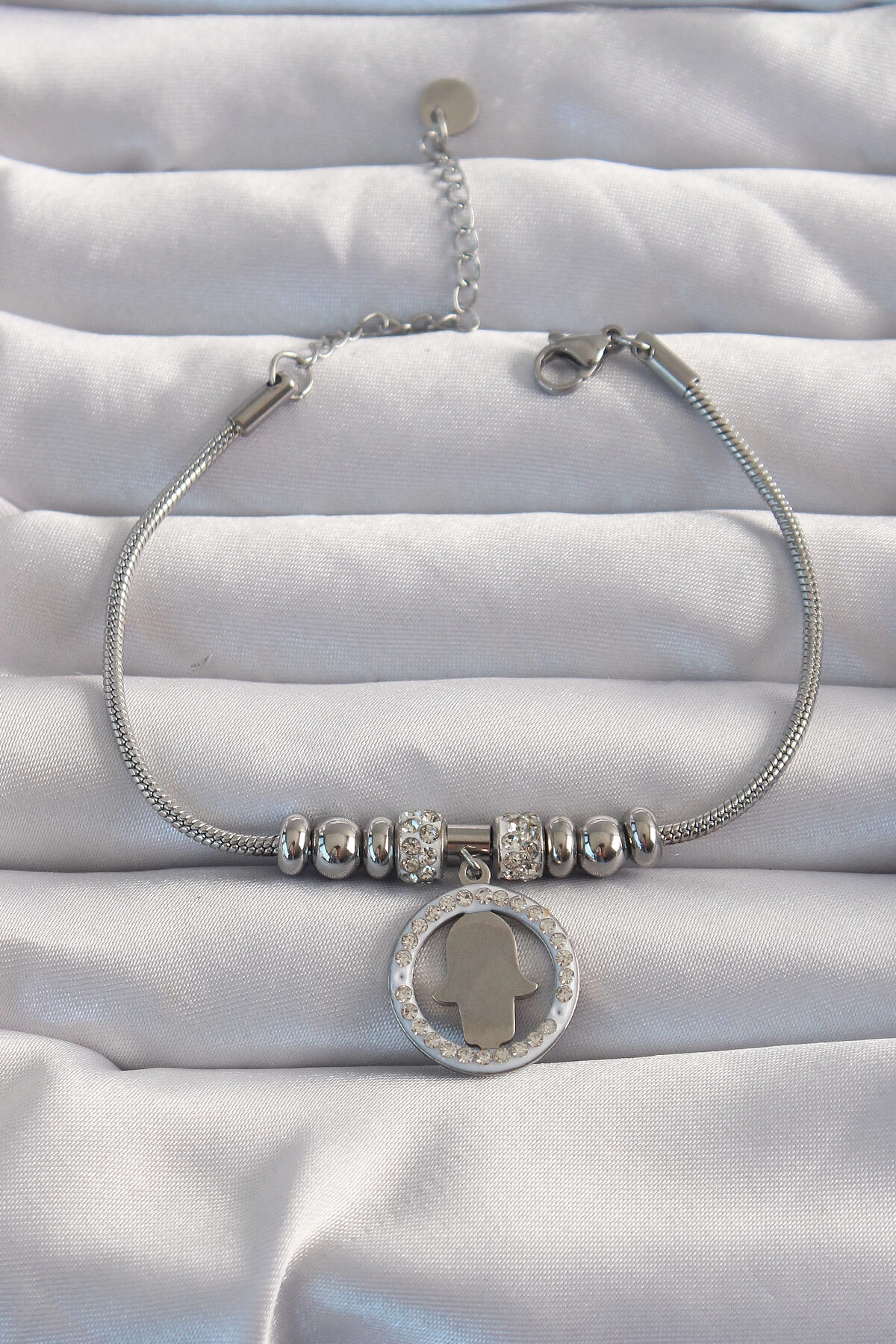 316L Çelik Gümüş Renk Zirkon Taş Aksesuarlı Fatma Ana Eli Bileklik-0